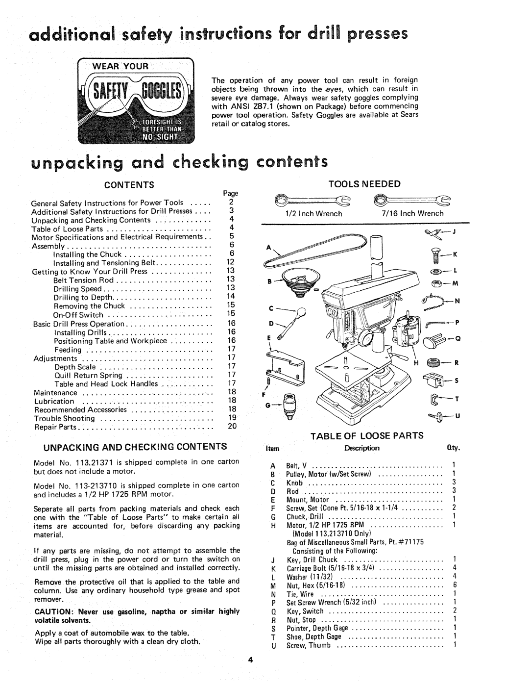 Sears 113.21371 manual additional safety instructions for drill presses, unpacking checking, contents, Wear Your 