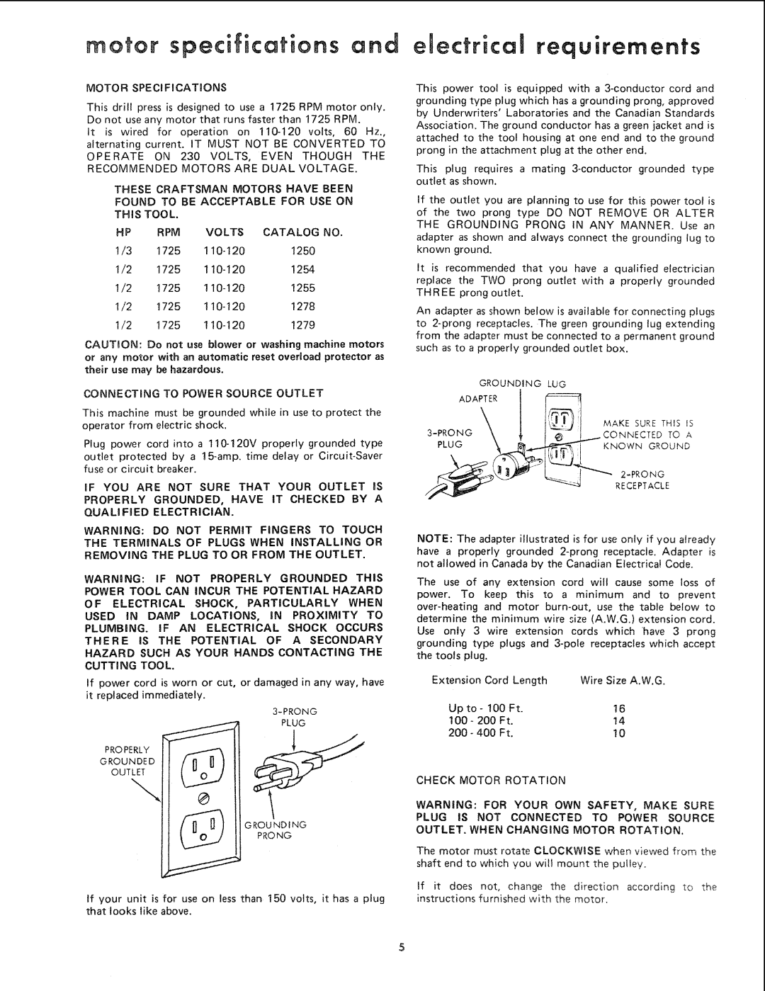 Sears 113.21371 manual motor specifications and, electrical requirements 