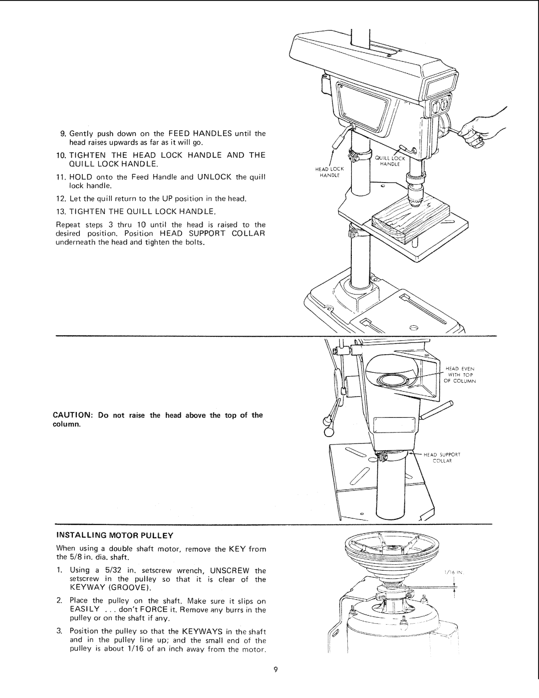 Sears 113.21371 manual Installing Motor Pulley, CAUTION Do not raise the head above the top of the column 