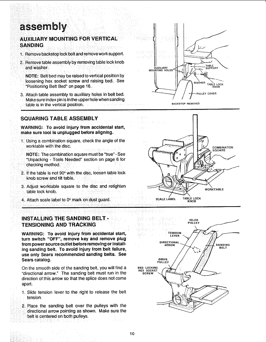 Sears 113.22643 manual Auxiliary Mounting for Vertical Sanding, Installing the Sanding Belt Tensioning and Tracking 