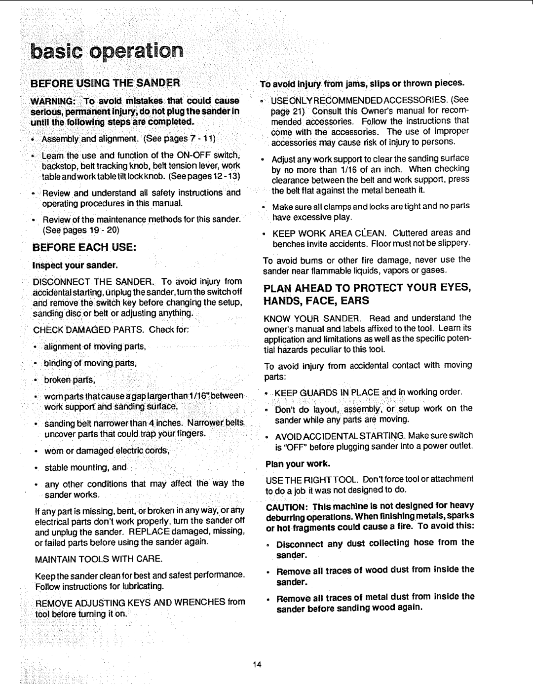 Sears 113.22643 manual Plan Ahead to Protect Your Eyes HANDS, FACE, Ears, Before Using the Sander, Before Each USE 