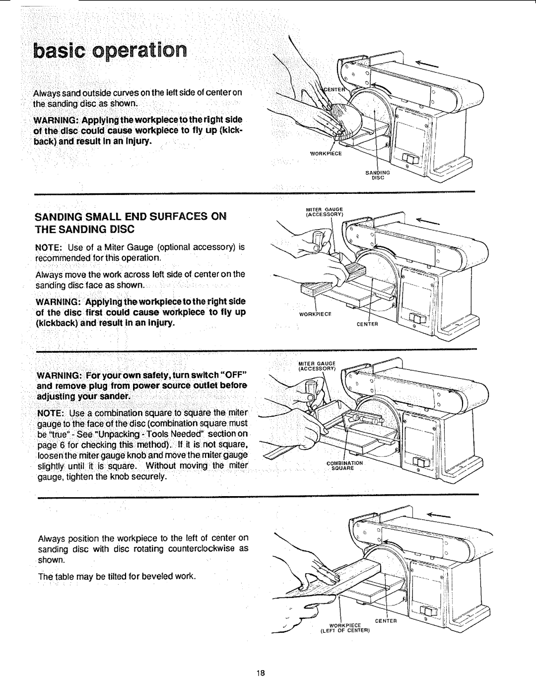 Sears 113.22643 manual Basic operation, Sanding Small END Surfaces on the Sanding Disc 