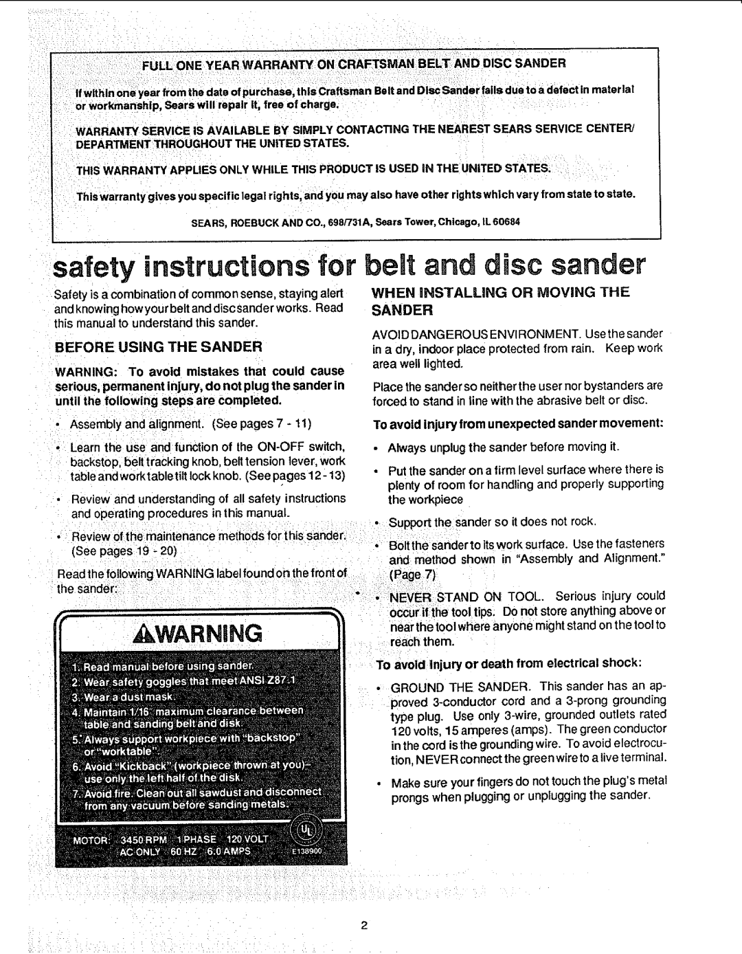 Sears 113.22643 manual Safety instructions for, BeUtand isc sander, Before Using the Sander 