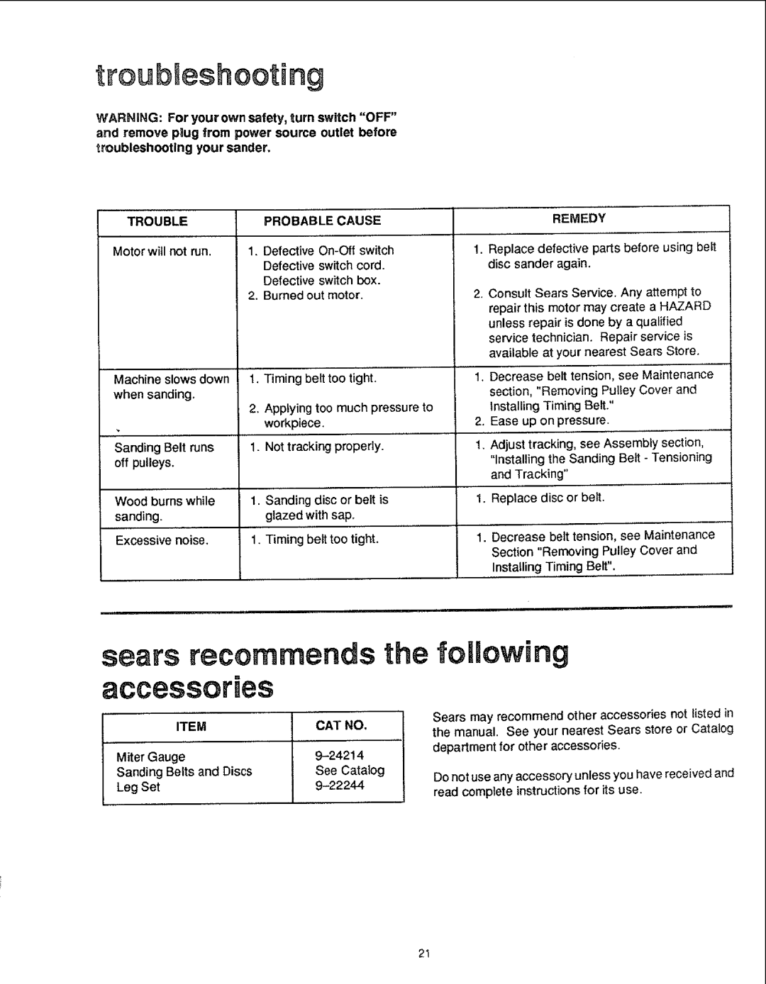 Sears 113.22643 manual Trouble Probable Cause, Remedy, See Maintenance, CAT no 