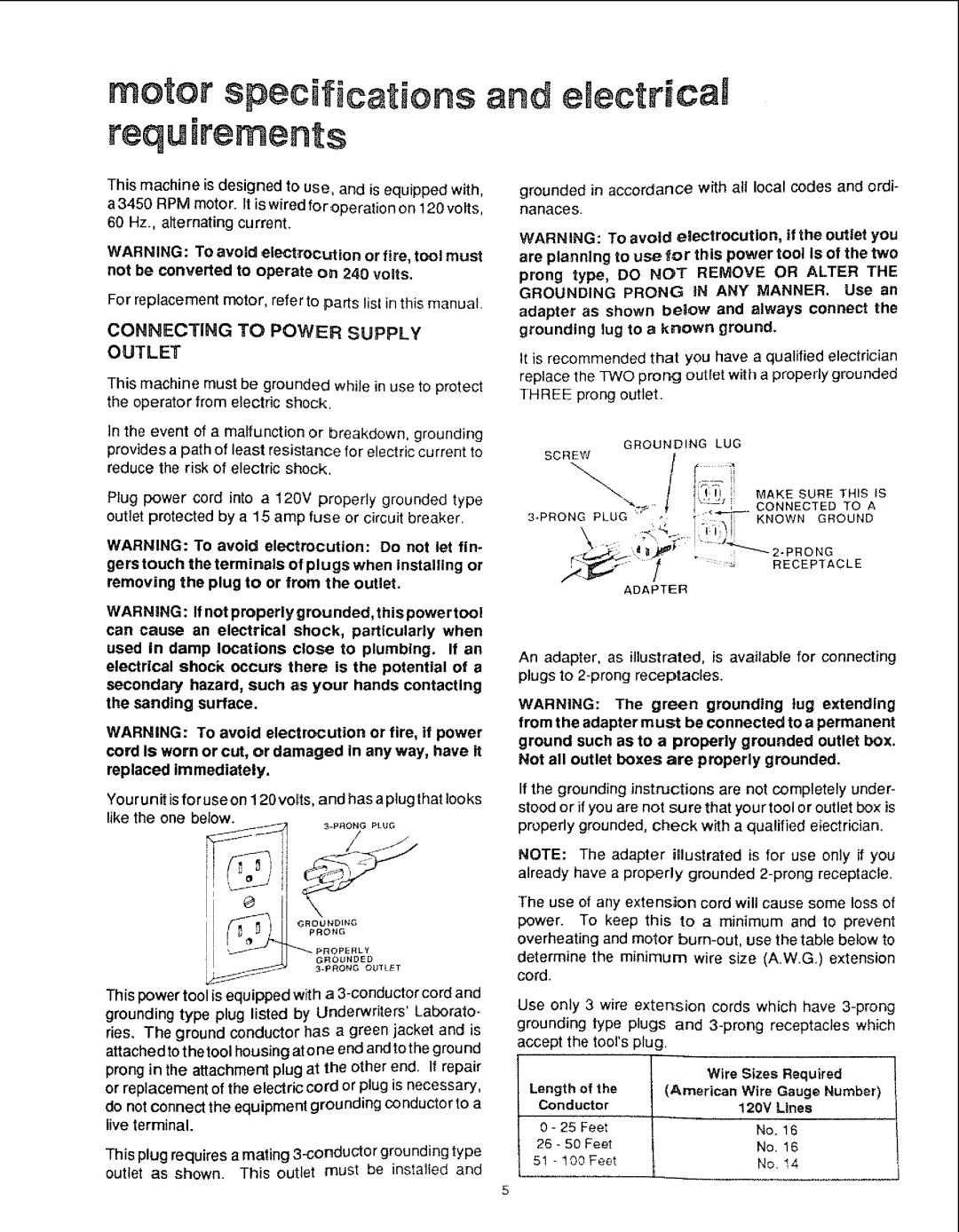 Sears 113.22643 manual Motor specifications and electrical requirements, Like the one belo, Wire Sizes Required, Length 