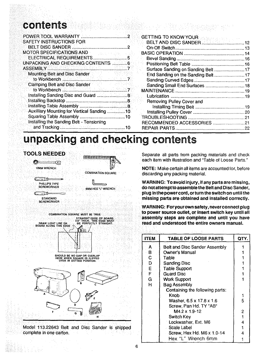 Sears 113.22643 manual Unpacking and checking contents 