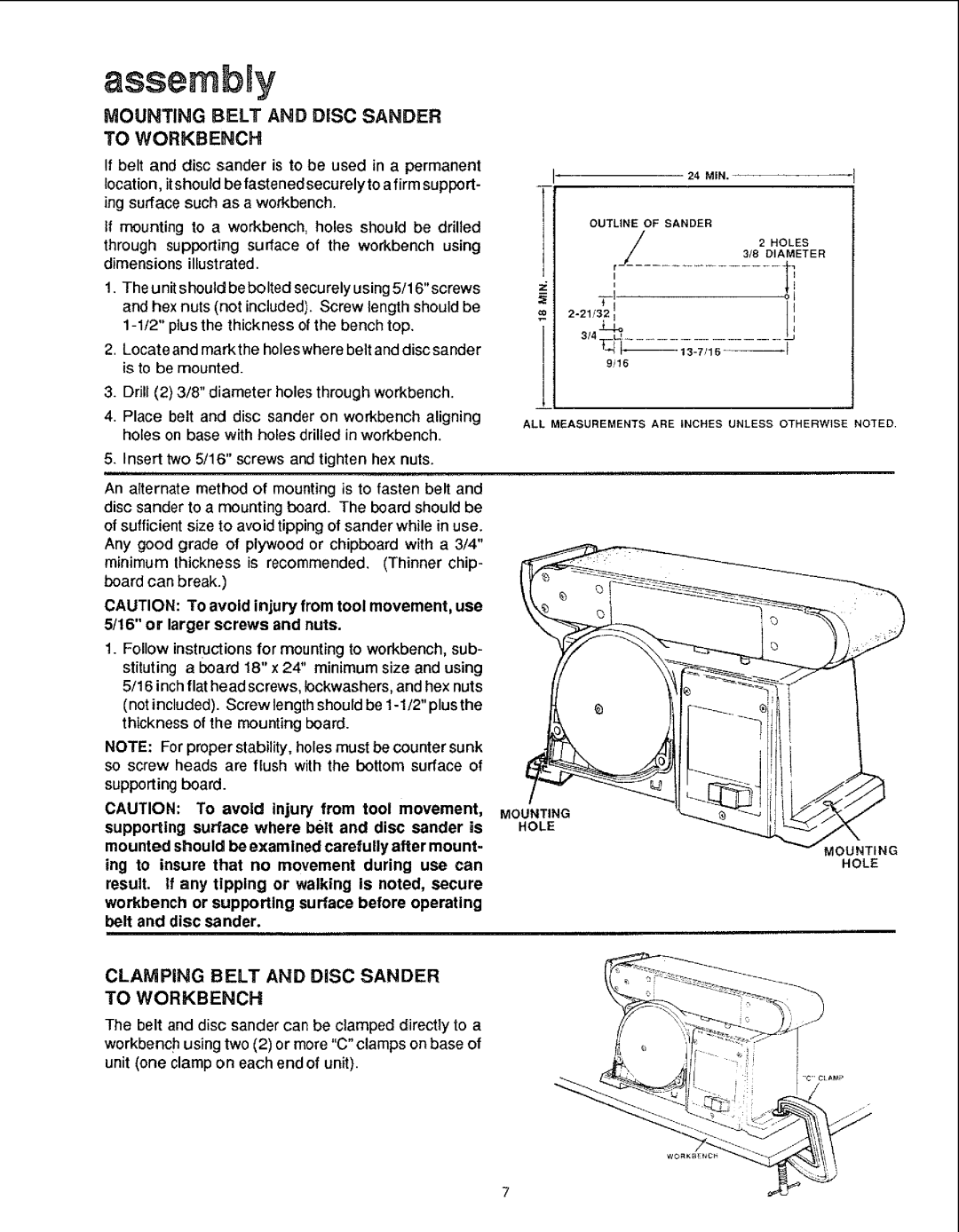 Sears 113.22643 manual To Workbench, Clamping Belt and DiSC Sander 