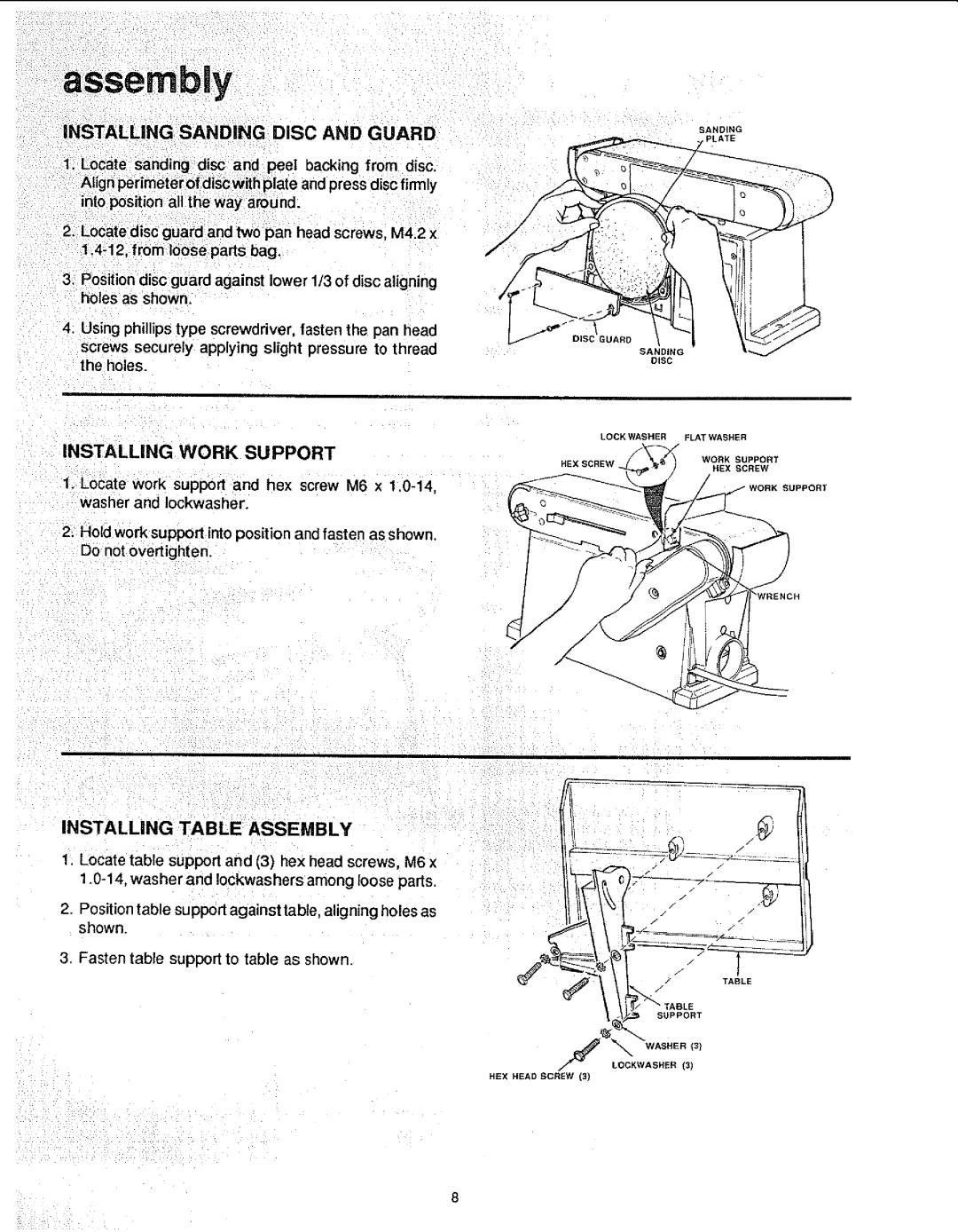 Sears 113.22643 manual Installing Sanding DiSC and Guard, Installing Work Support, Installing Table Assembly 