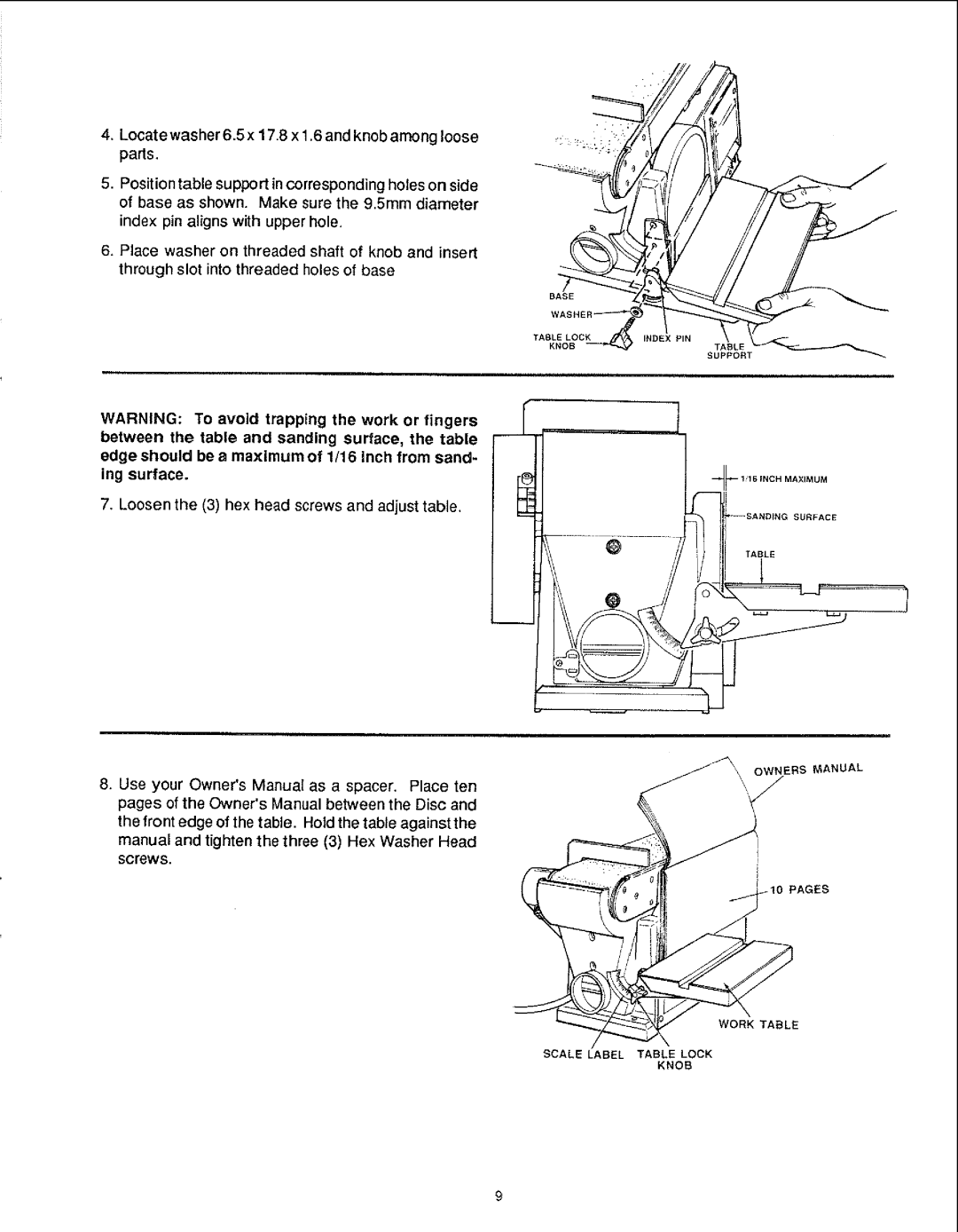 Sears 113.22643 manual Loosen the 3 hex head screws and adjust table 