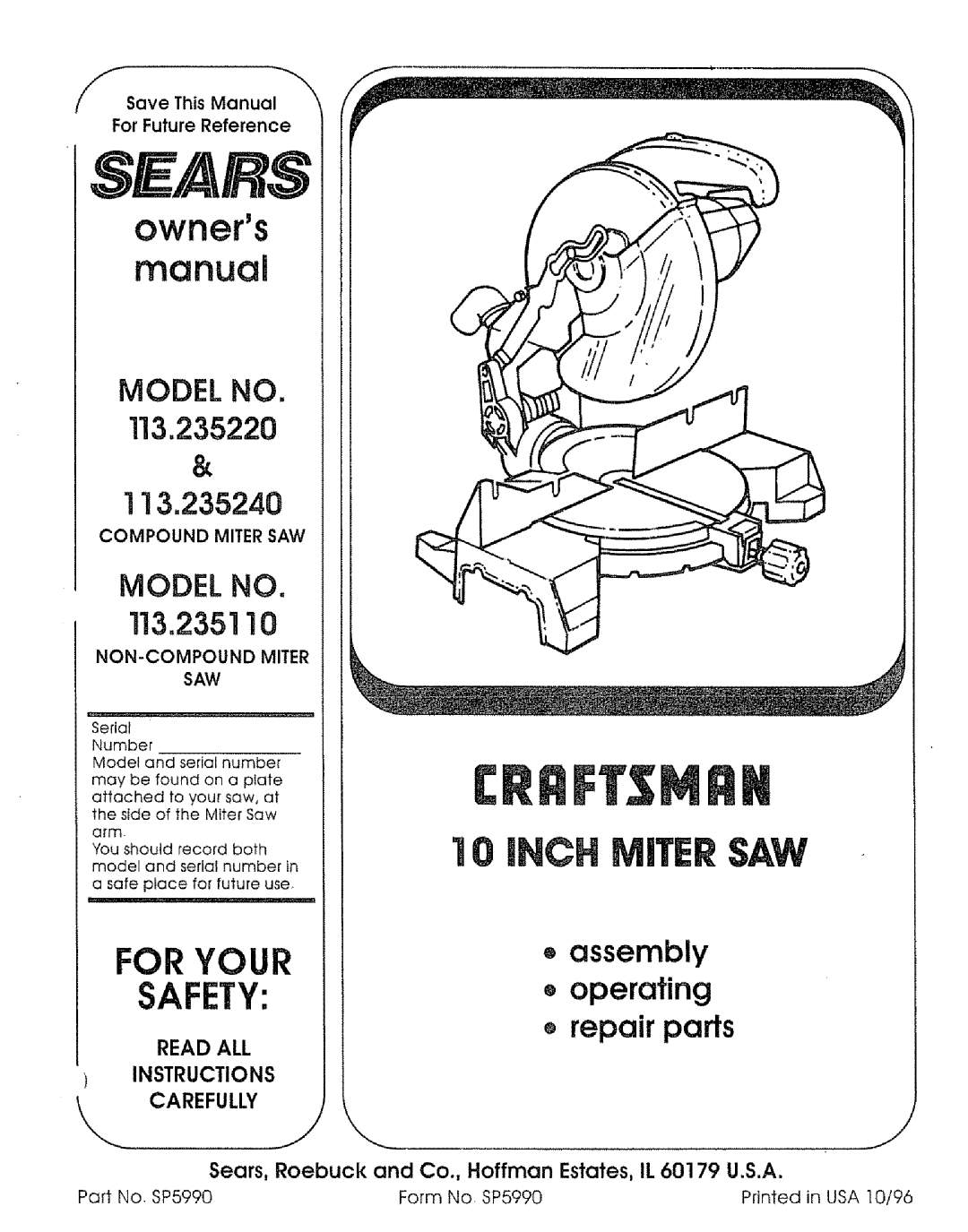 Sears 113.23522, 113=235240 manual Sears, Part No. SP5990 Form NOr SP5990 