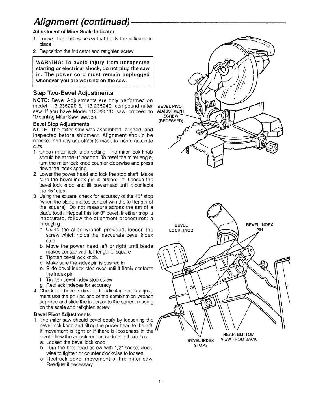 Sears 113.23522, 113=235240 manual Alignment, Step Two-BevelAdjustments 