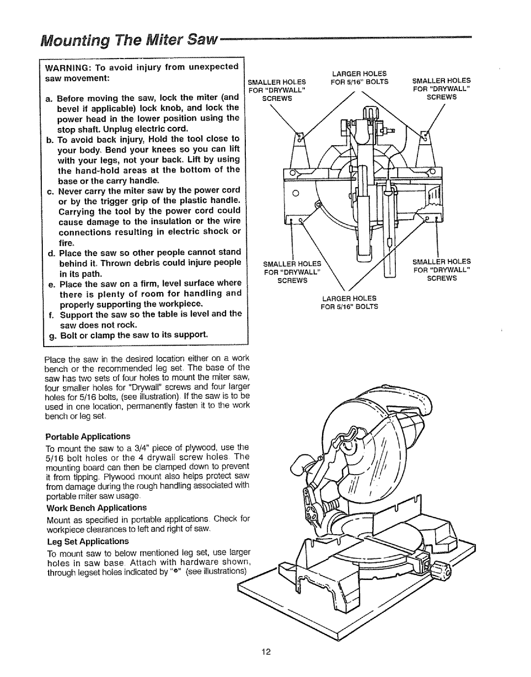 Sears 113=235240, 113.23522 manual Mounting The Miter Saw, Avoid injury from unexpected Saw movement 