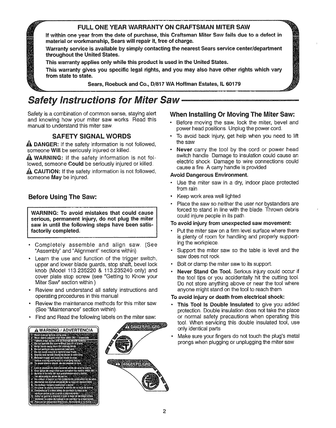 Sears 113=235240, 113.23522 manual Safety instructions for Miter Saw, Before Using The Saw 