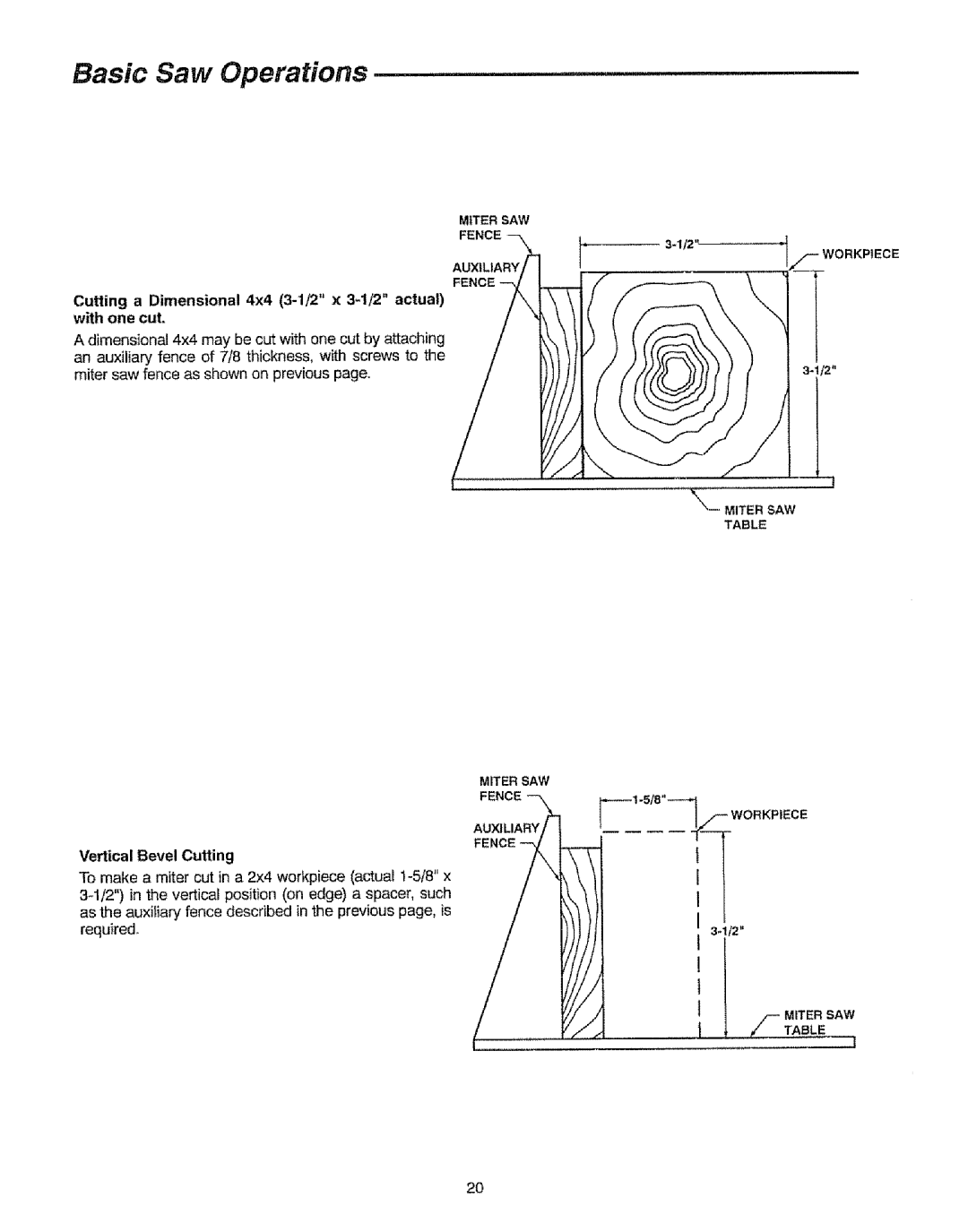 Sears 113=235240, 113.23522 manual Basic Saw Operations, Cutting a Dimensional 4x4 3-1/2 x 3-1/2 actual with one cut 