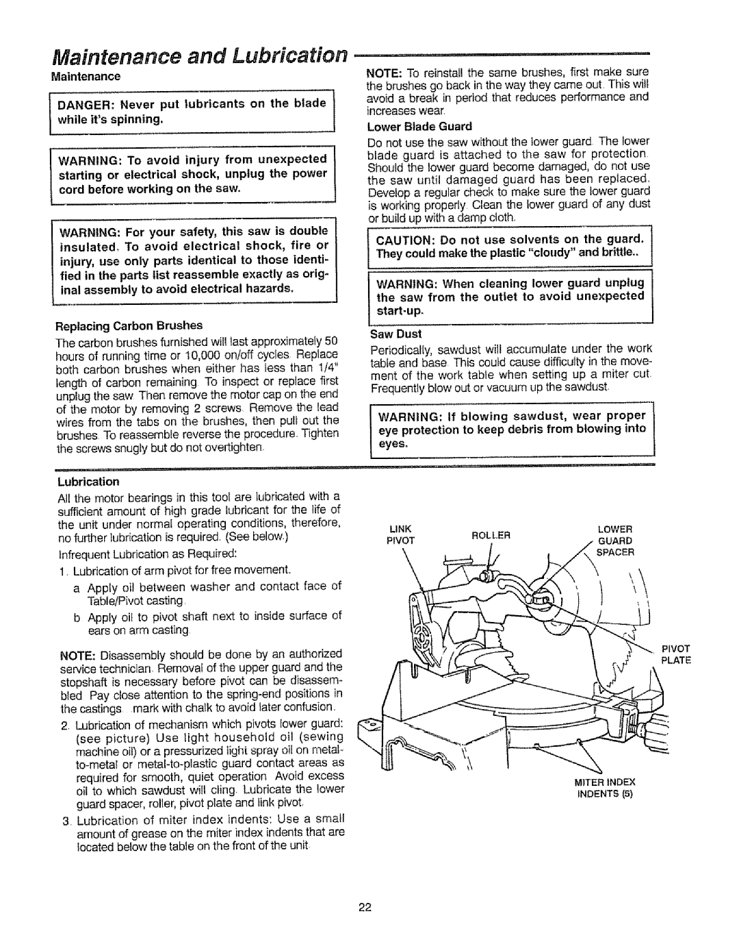 Sears 113=235240, 113.23522 manual Maintenance and Lubrication, Saw Dust, Eye protection to keep debris from blowing into 