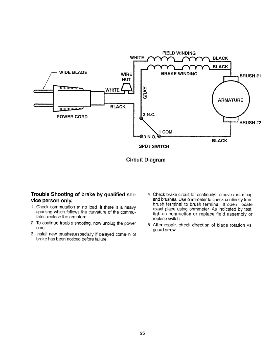 Sears 113.23522, 113=235240 manual Trouble Shooting of brake by qualified ser, WlDE Blade, Power Cord, ==e3 