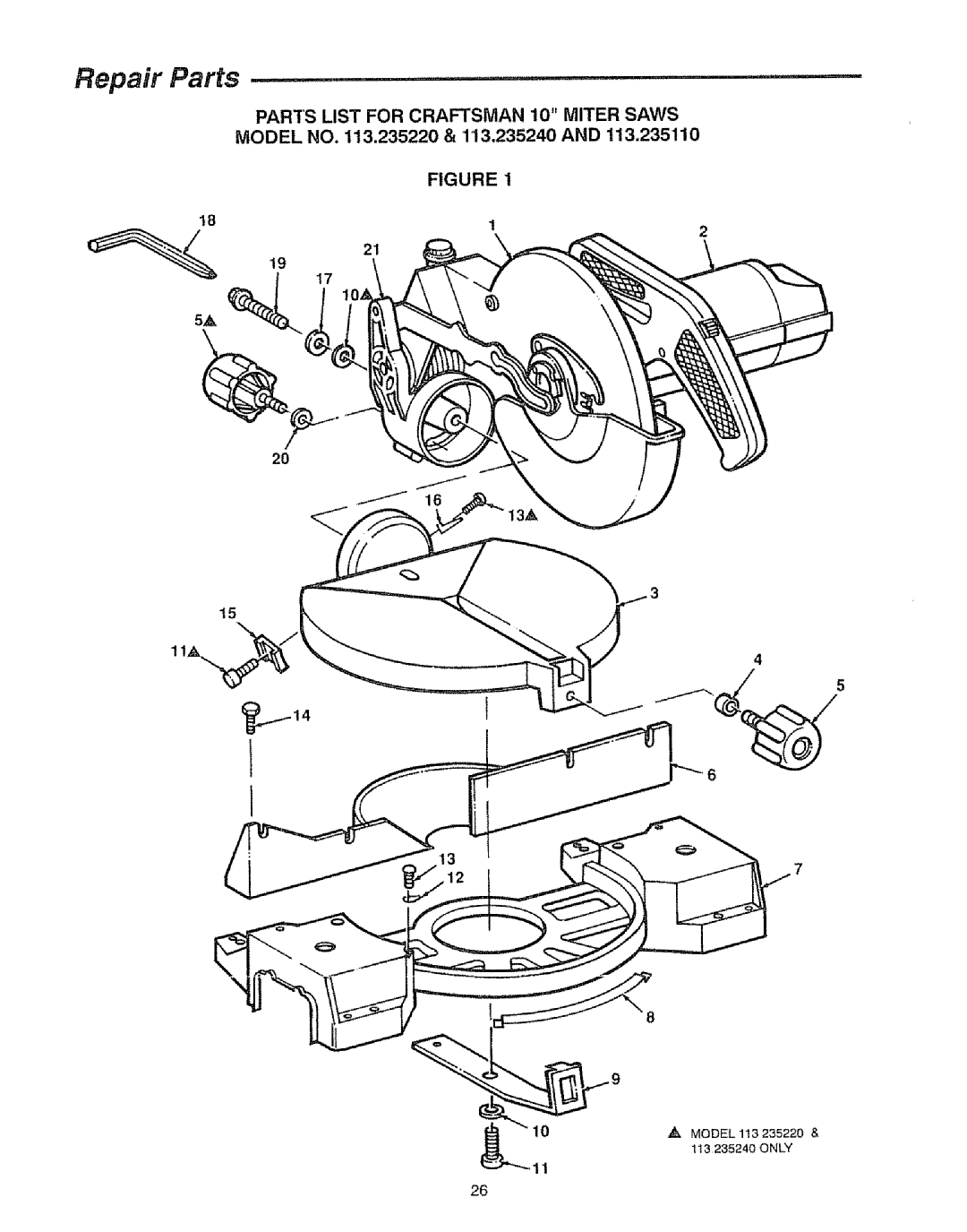 Sears 113=235240, 113.23522 manual Repair Parts, Model no .235220 & 113,235240 