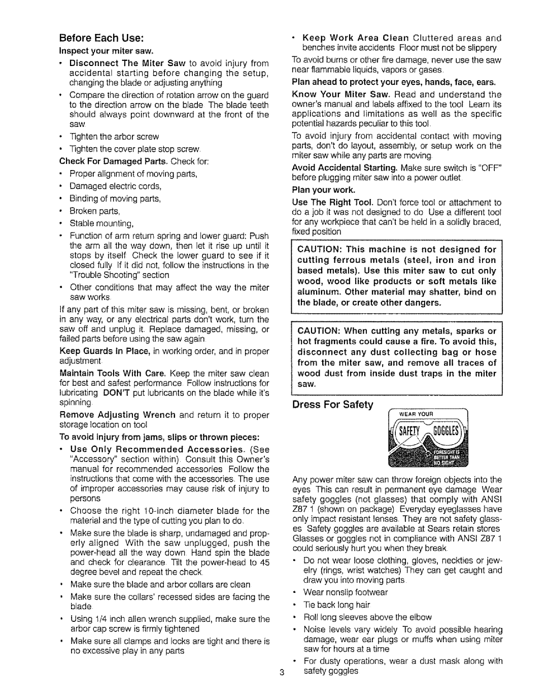 Sears 113.23522, 113=235240 manual Before Each Use, Dress For Safety, Inspect your miter saw 