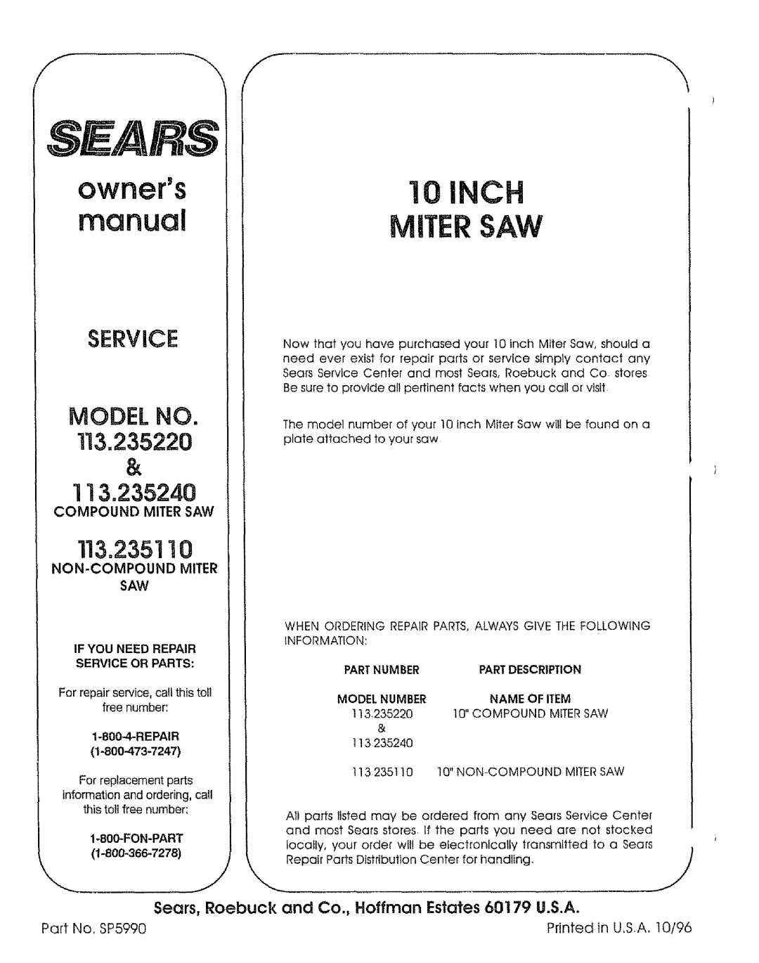 Sears 113=235240, 113.23522 manual Part No, SP5990, Fon-Part, Model Number, Compound Mitersaw, NON-COMPOUND Mitersaw 