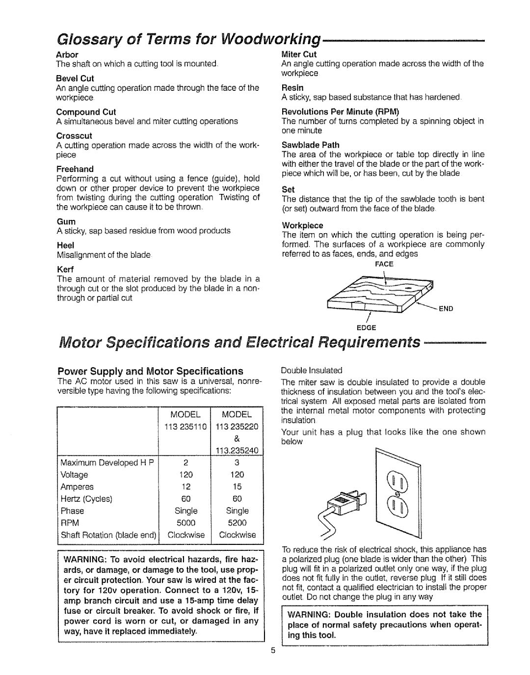 Sears 113.23522, 113=235240 manual Glossary of Terms for Woodworking, Motor Specifications and Electrical Requirements 