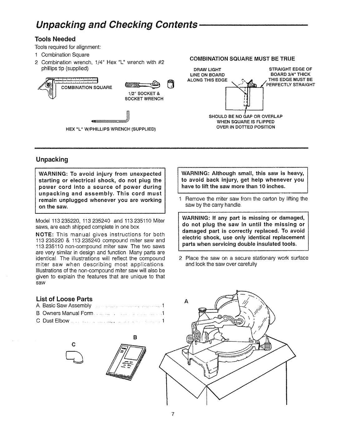 Sears 113.23522, 113=235240 manual Alongth,Seo, Unpacking and Checking Contents 