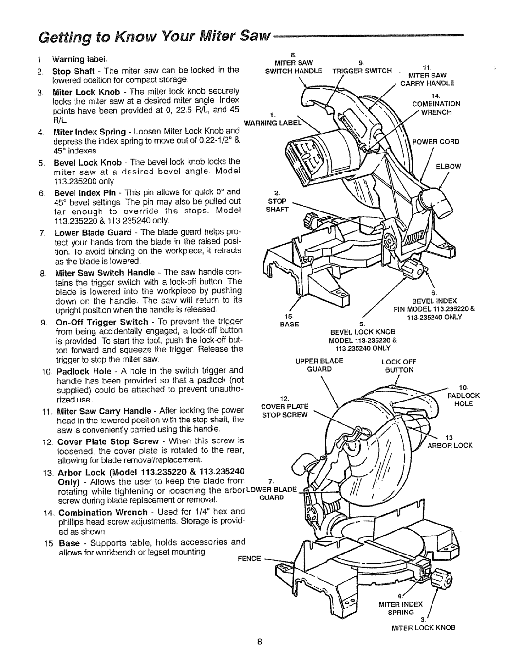 Sears 113=235240, 113.23522 manual Miter Lock, Bevel, Switch, Only, User 