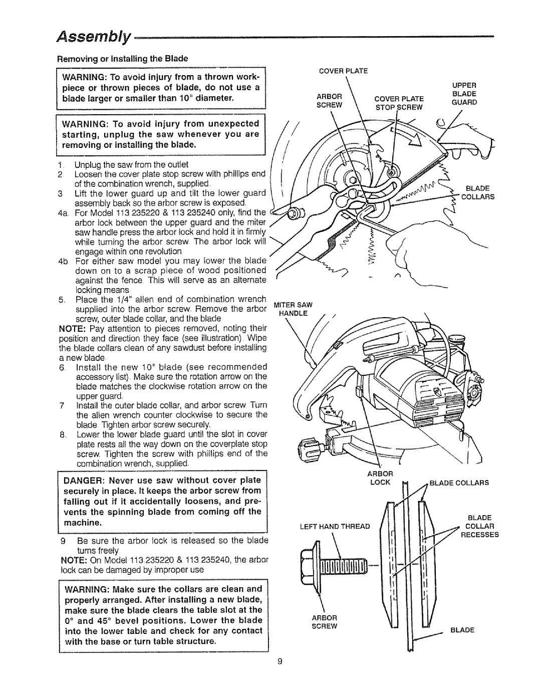 Sears 113.23522, 113=235240 manual Assembly, Removing or Installing the Blade 