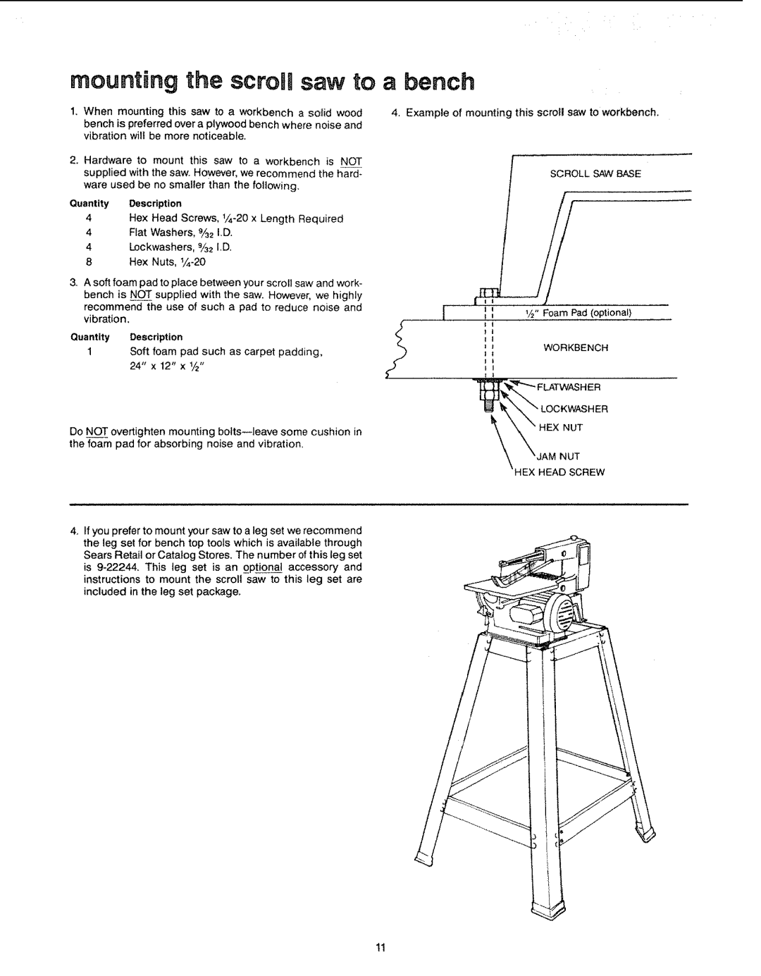 Sears 113.23611 manual Mounting the scroll saw to, Mounting this saw to a workbench a so,lid wood, Quantity Description 