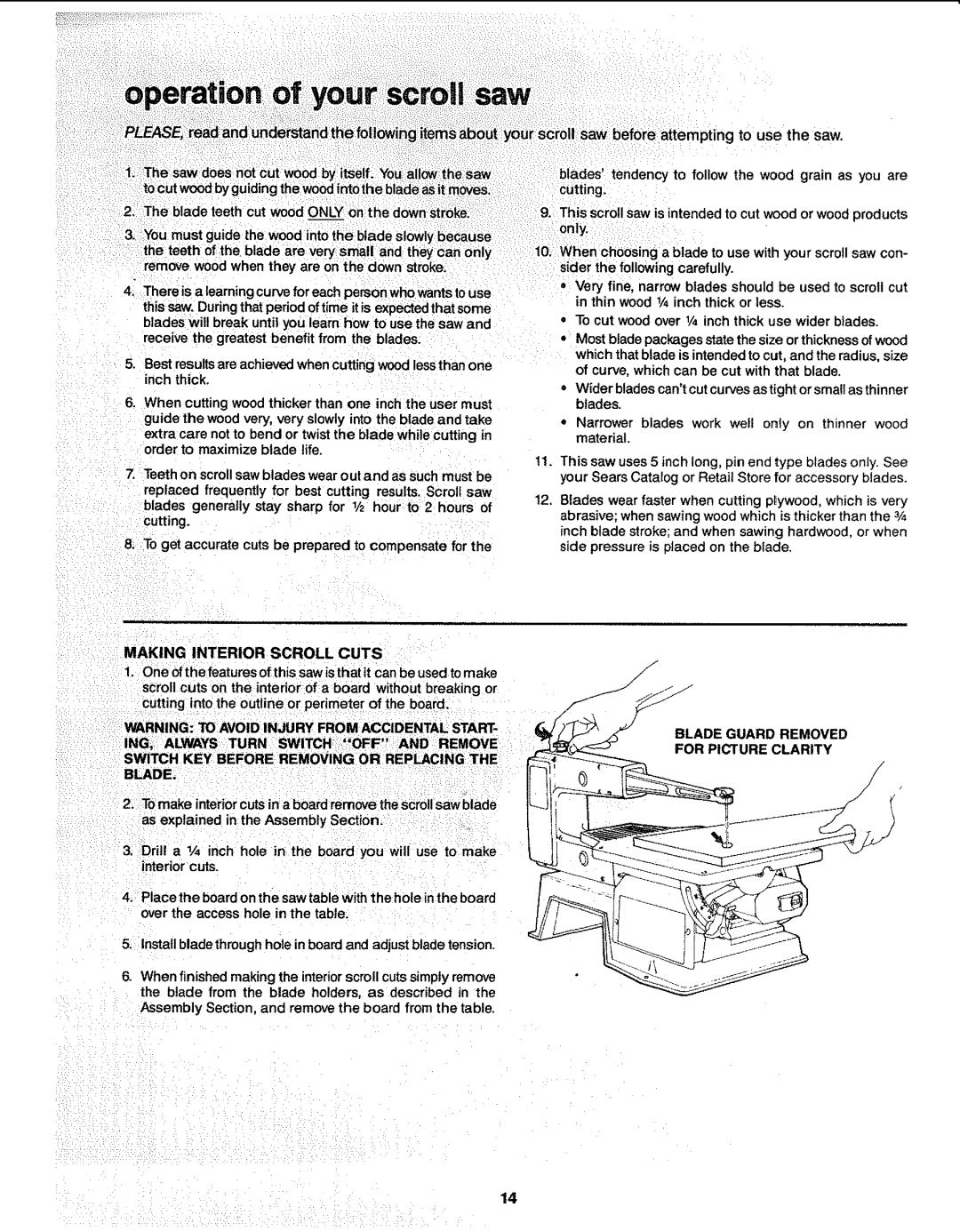 Sears 113.23611 manual Making Interior Scroll Cuts, Remove, Always Turn, Switch KEY Before Removing or REPI,CING Blade 