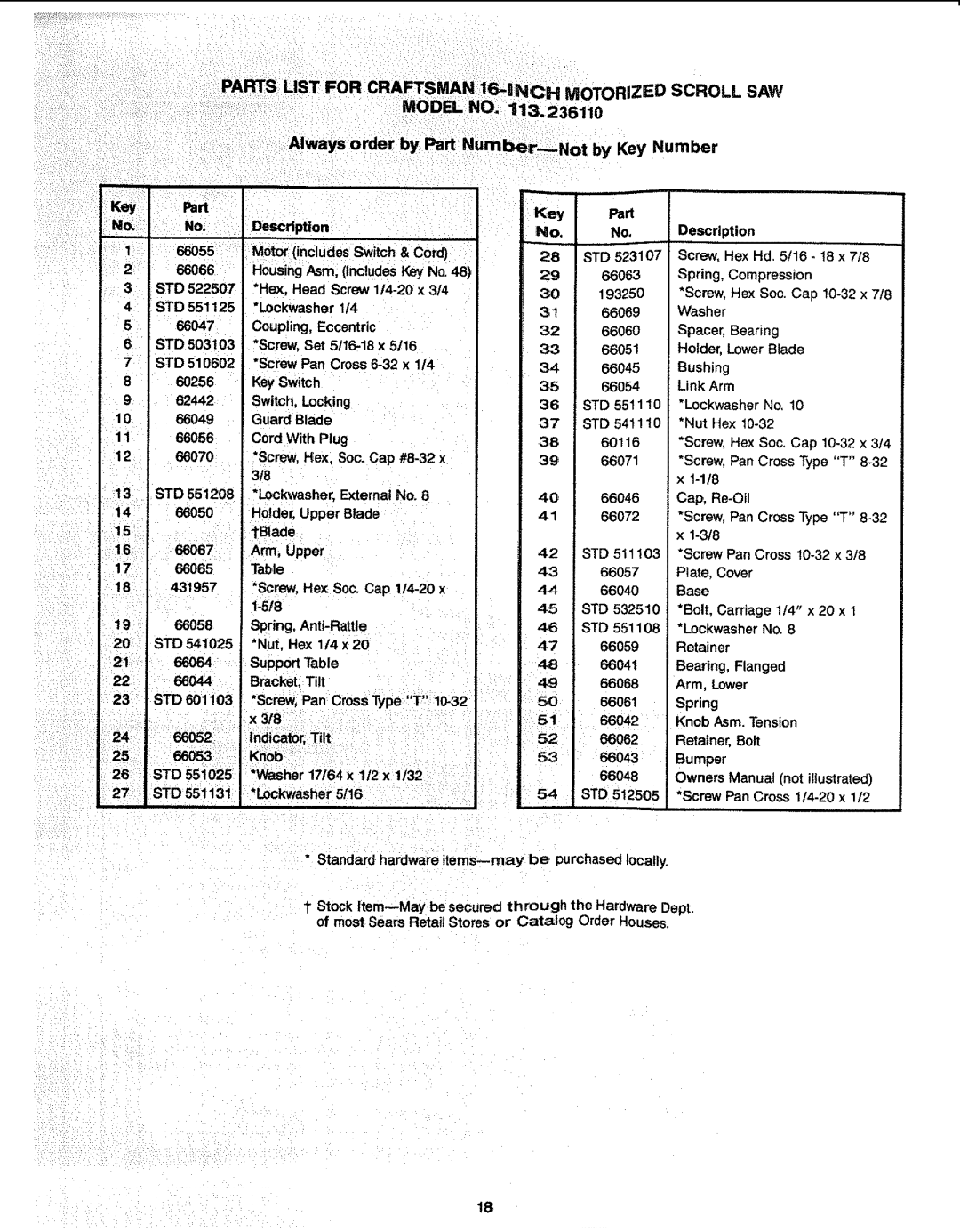 Sears 113.23611 Key Part Description = I++ 66055, Switch & Cord STD Screw, Hex Hd /16 !8 x 7/8, Coupling, Eccentric, 318 