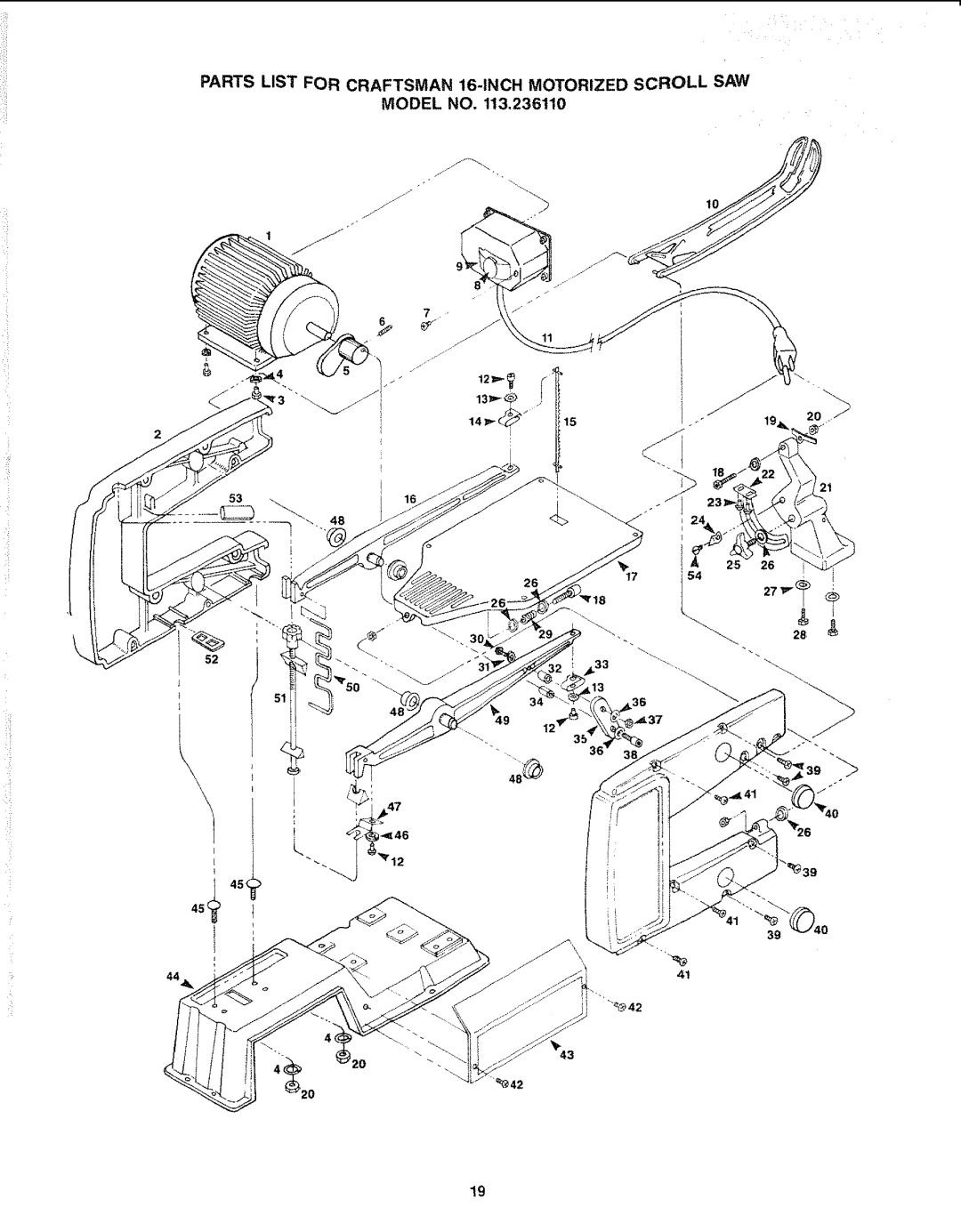 Sears 113.23611 manual Parts List for Craftsman 16-INCH Motorized Scroll SAW 