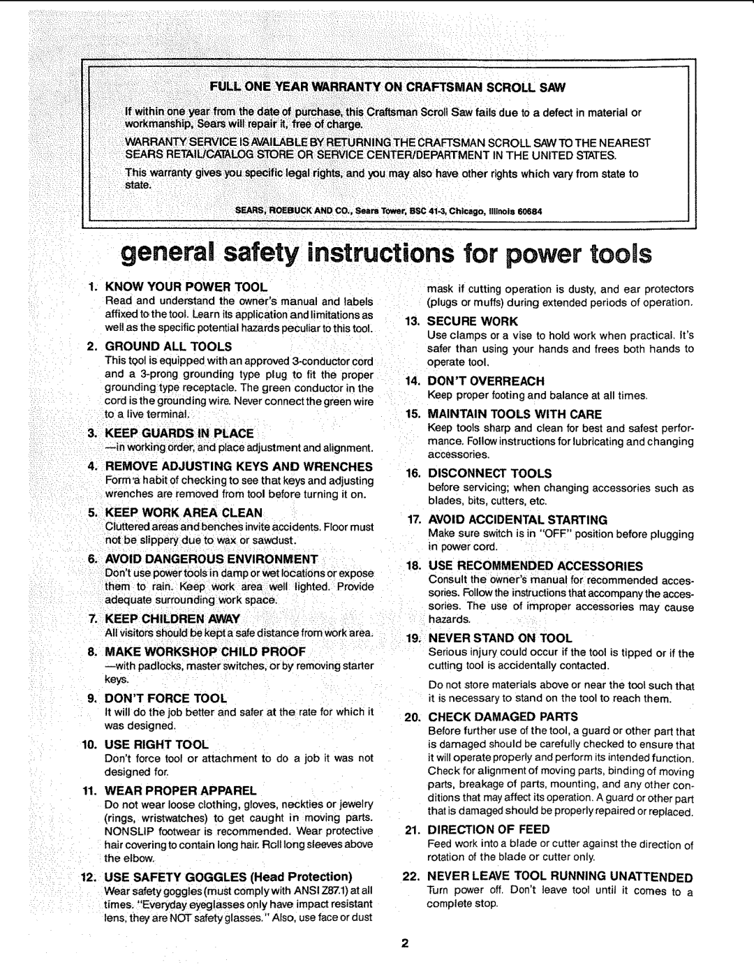 Sears 113.23611 manual Know Your Power Tool, Ground ALL Tools, Keepguards in Place, Keep Work Area Clean, Dont Force Tool 