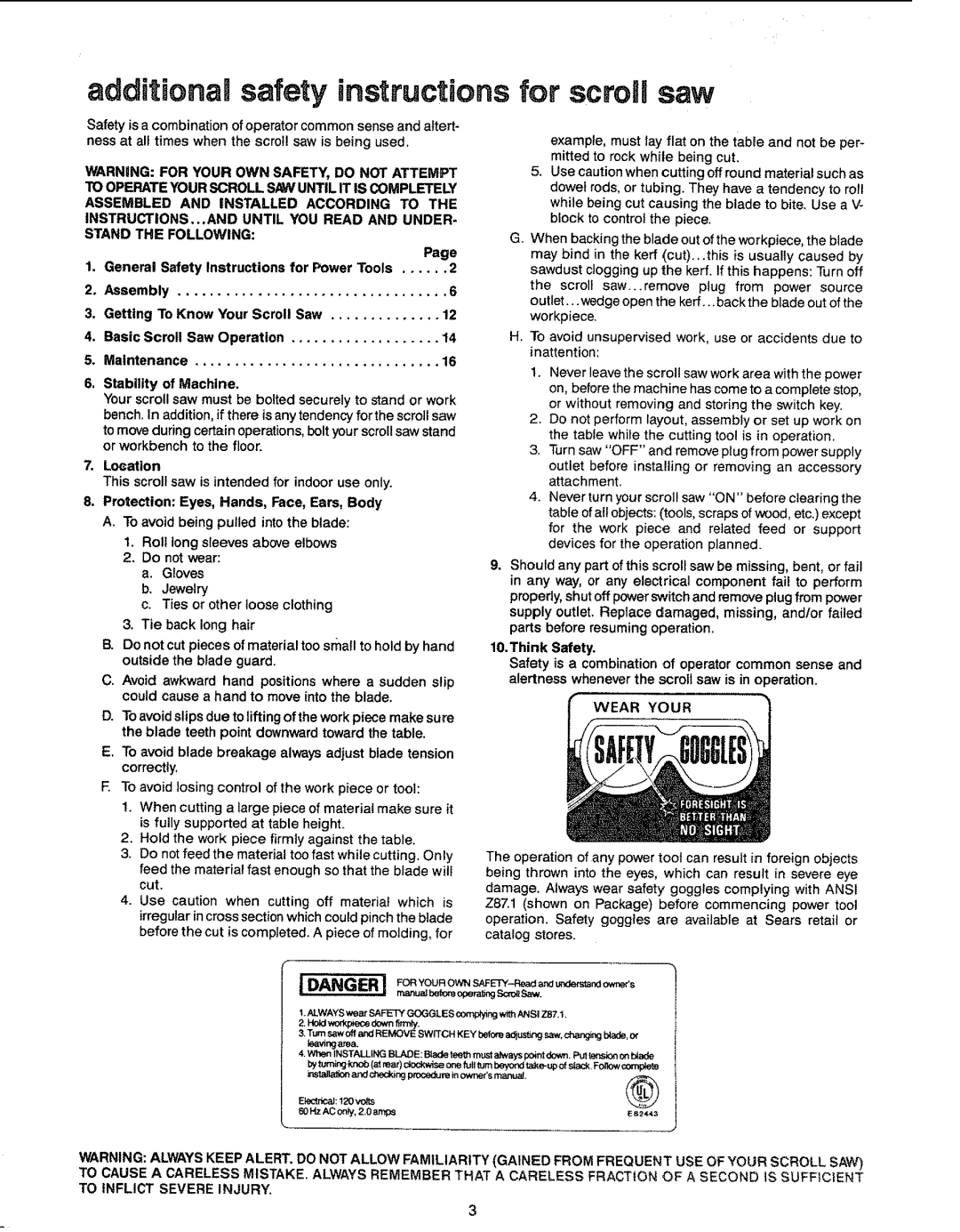 Sears 113.23611 manual AdditionaJ safety instructions for scroll saw, Vingarea 