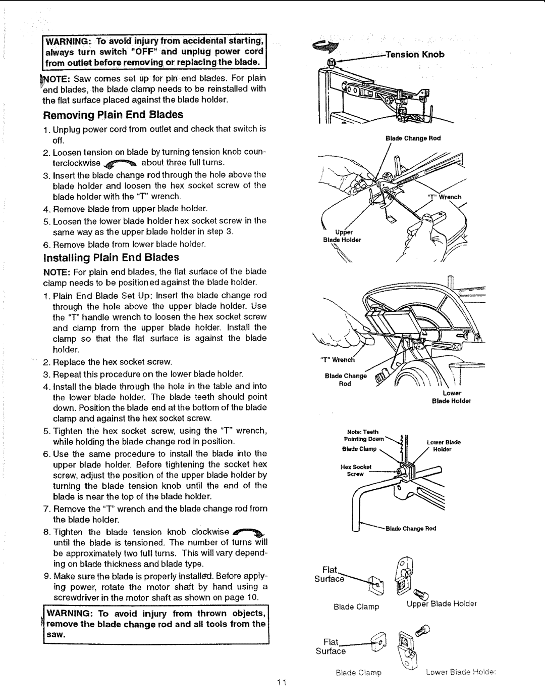 Sears 113.23615 manual Removing Plain End Blades, Installing Plain End Blades, Ion Knob 