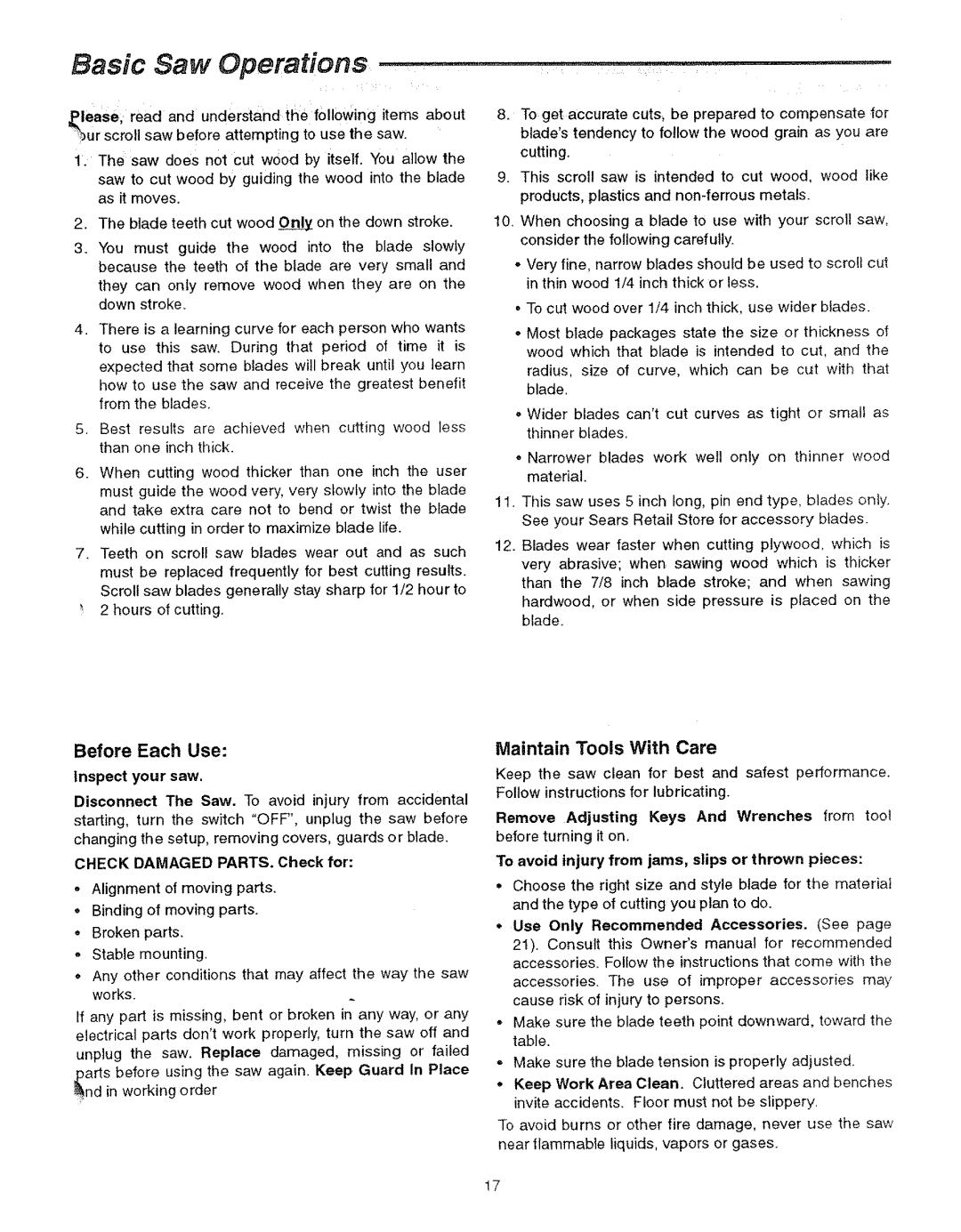 Sears 113.23615 manual Basic Saw Operations, Maintain Tools With Care 