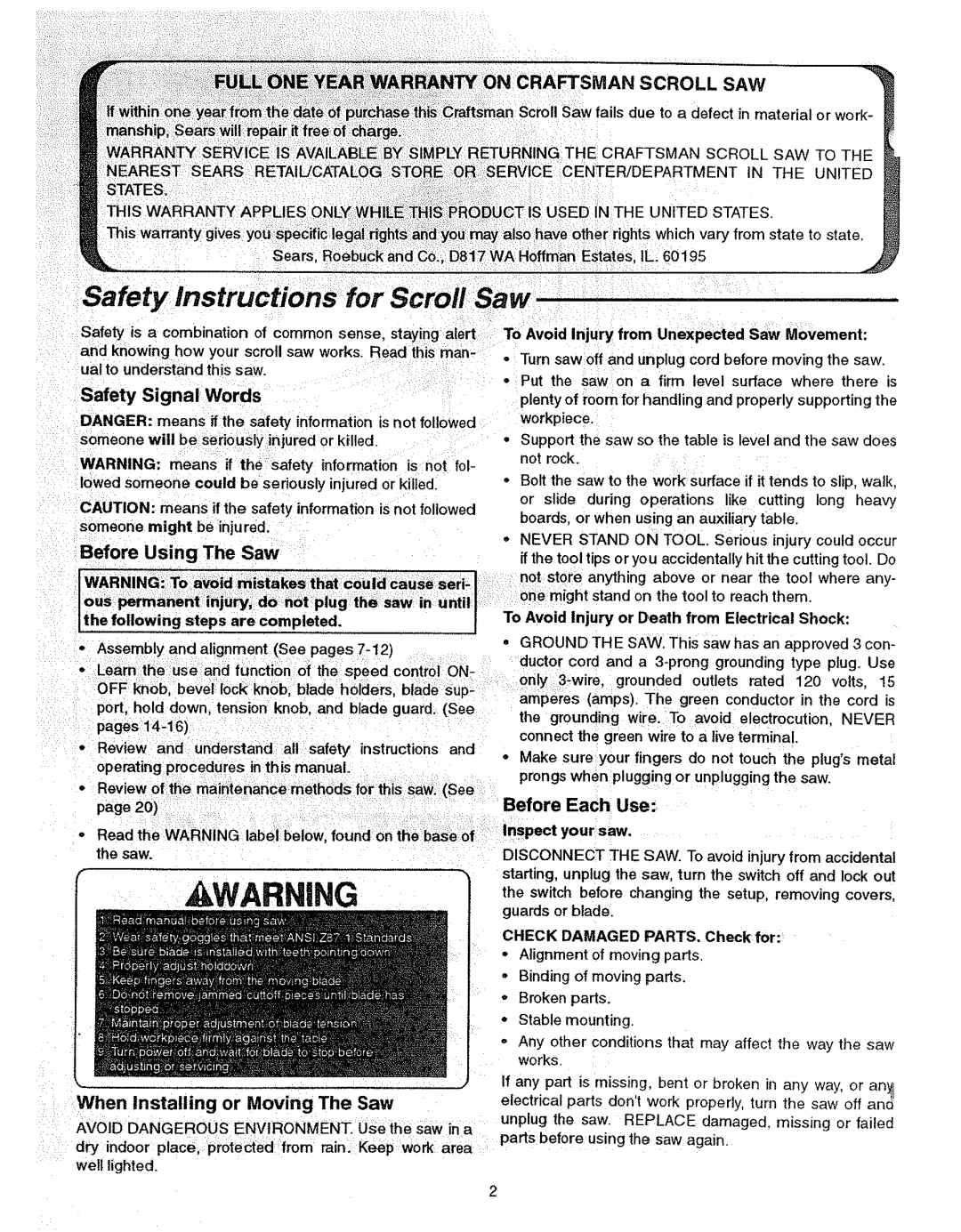 Sears 113.23615 manual Safer, When Installing or Moving The Saw, Safety Signal Words Before Using The Saw, Before Each Use 