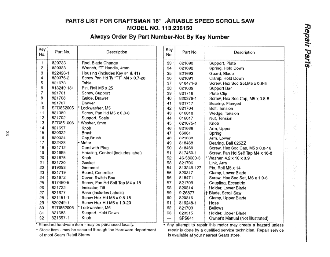 Sears 113.23615 manual Always Order By Part Number-Not By Key Number, Plate Clip 