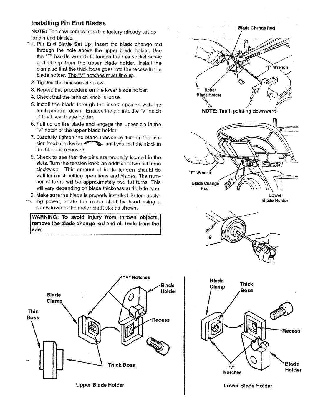 Sears 113.23615 manual Installing Pin End Blades, Blade Holder BossThin Clamp, Blade Clamp Thick 