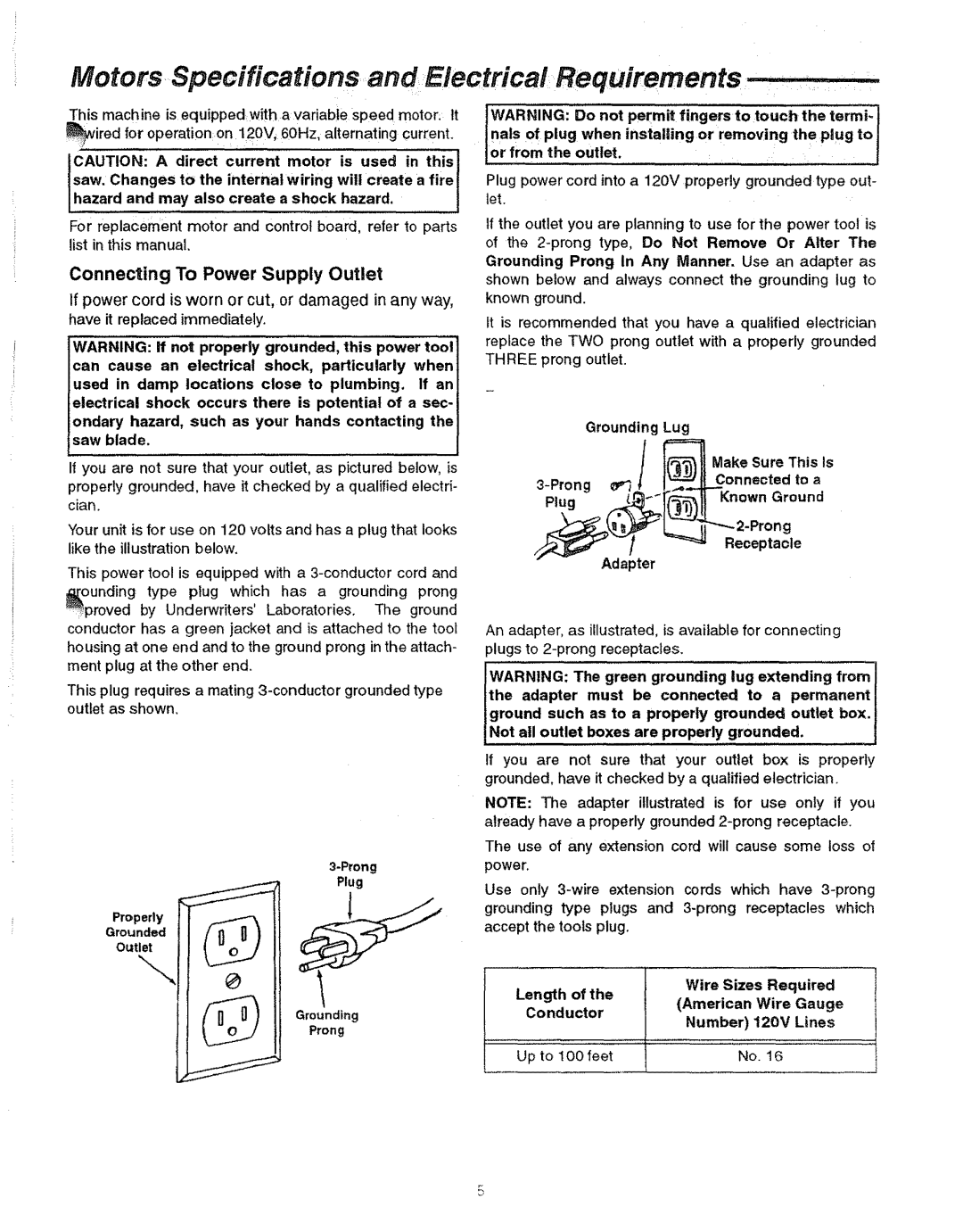 Sears 113.23615 manual Motors, Specifications and Electricat Requirements, Connecting To Power Supply Outlet 