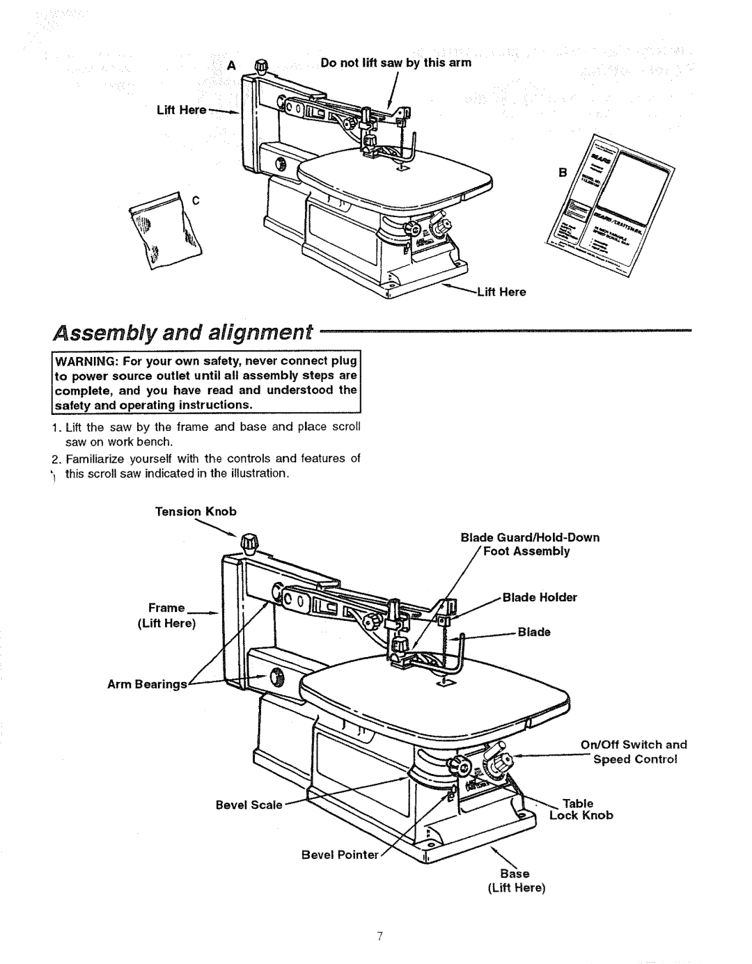 Sears 113.23615 manual Assembly and alignment, Do not lift saw by this arm Lift 