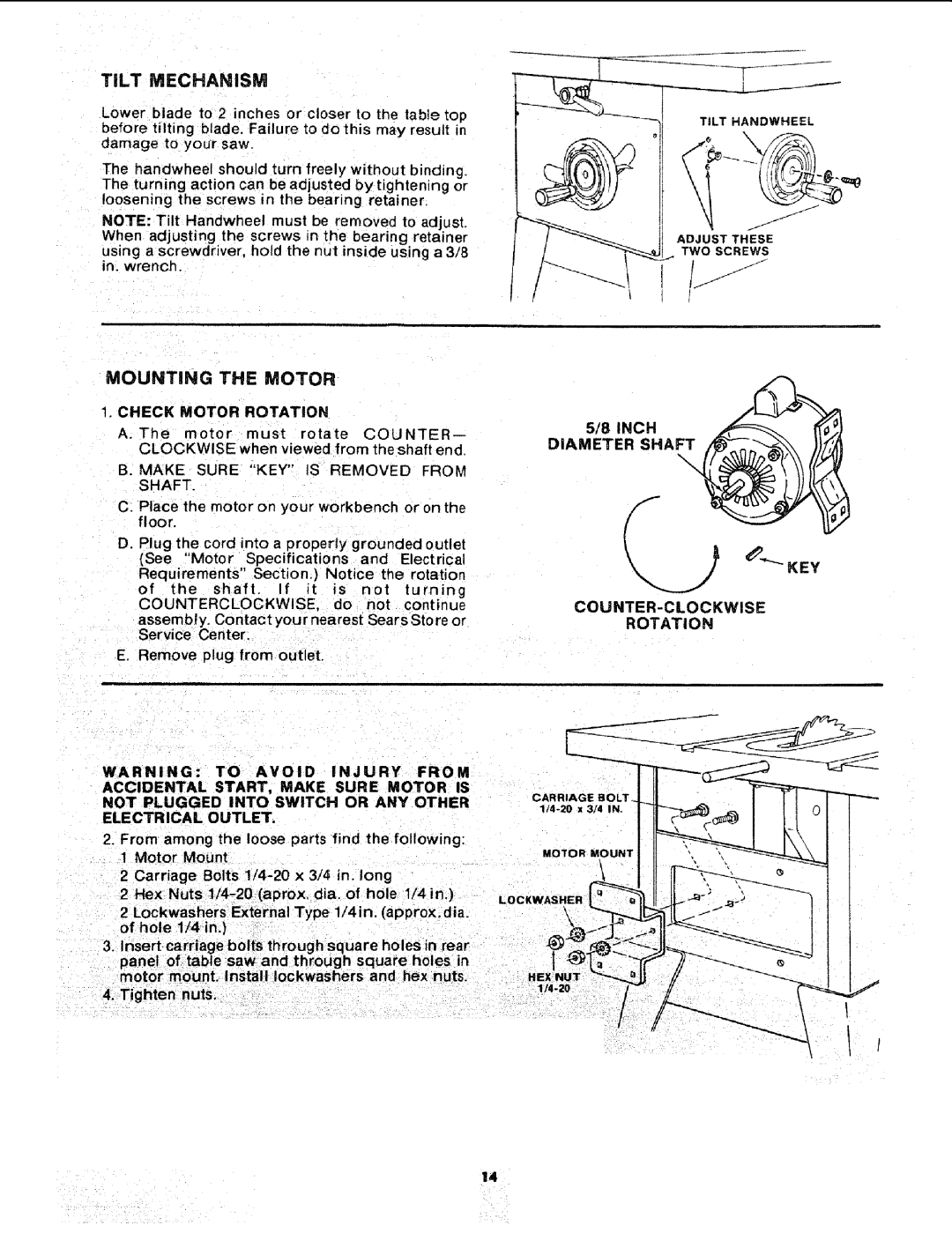 Sears 113.241591 owner manual TiLT Mechanism, Mounting the Motor, Check Motor Rotation, Diameter Shaft, Counter-Clockwise 