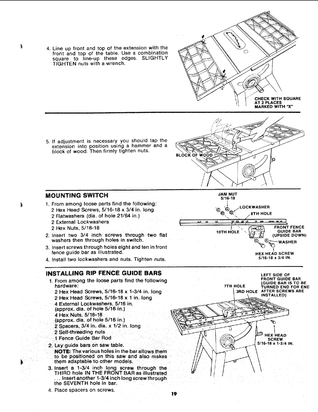 Sears 113.241591 owner manual Installing RiP Fence Guide Bars, Mounting Switch 