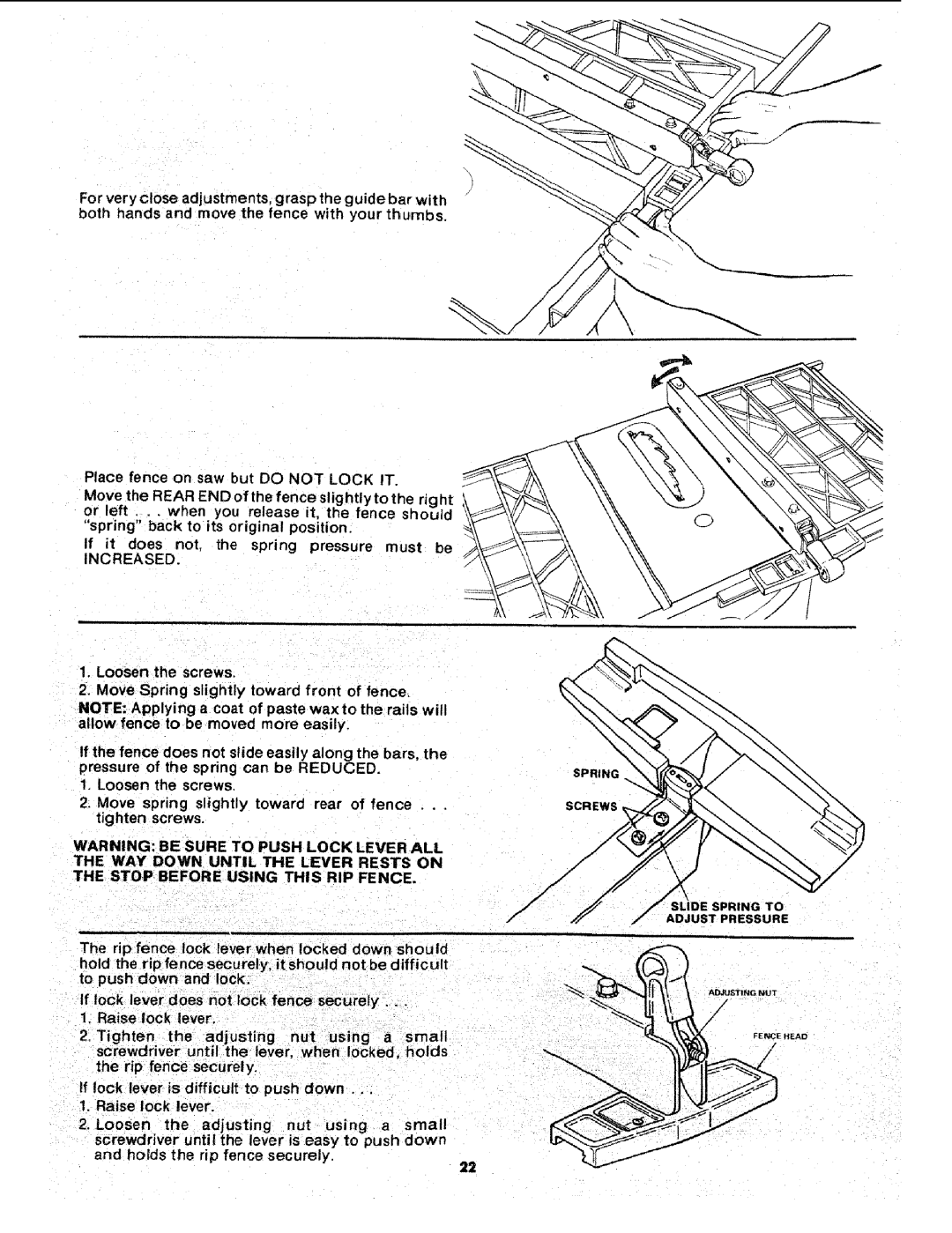 Sears 113.241591 owner manual Increased, Raise lock lever 