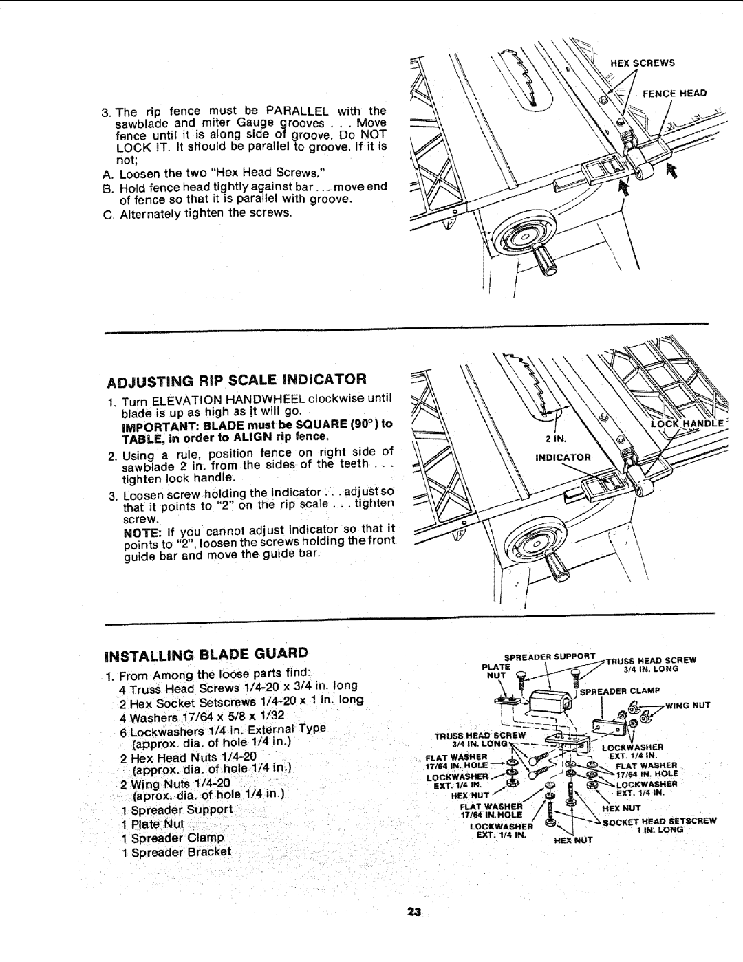 Sears 113.241591 Adjusting RiP Scale iNDiCATOR, INSTALLING Blade Guard, Plate Nut Spreader Clamp Spreader Bracket 