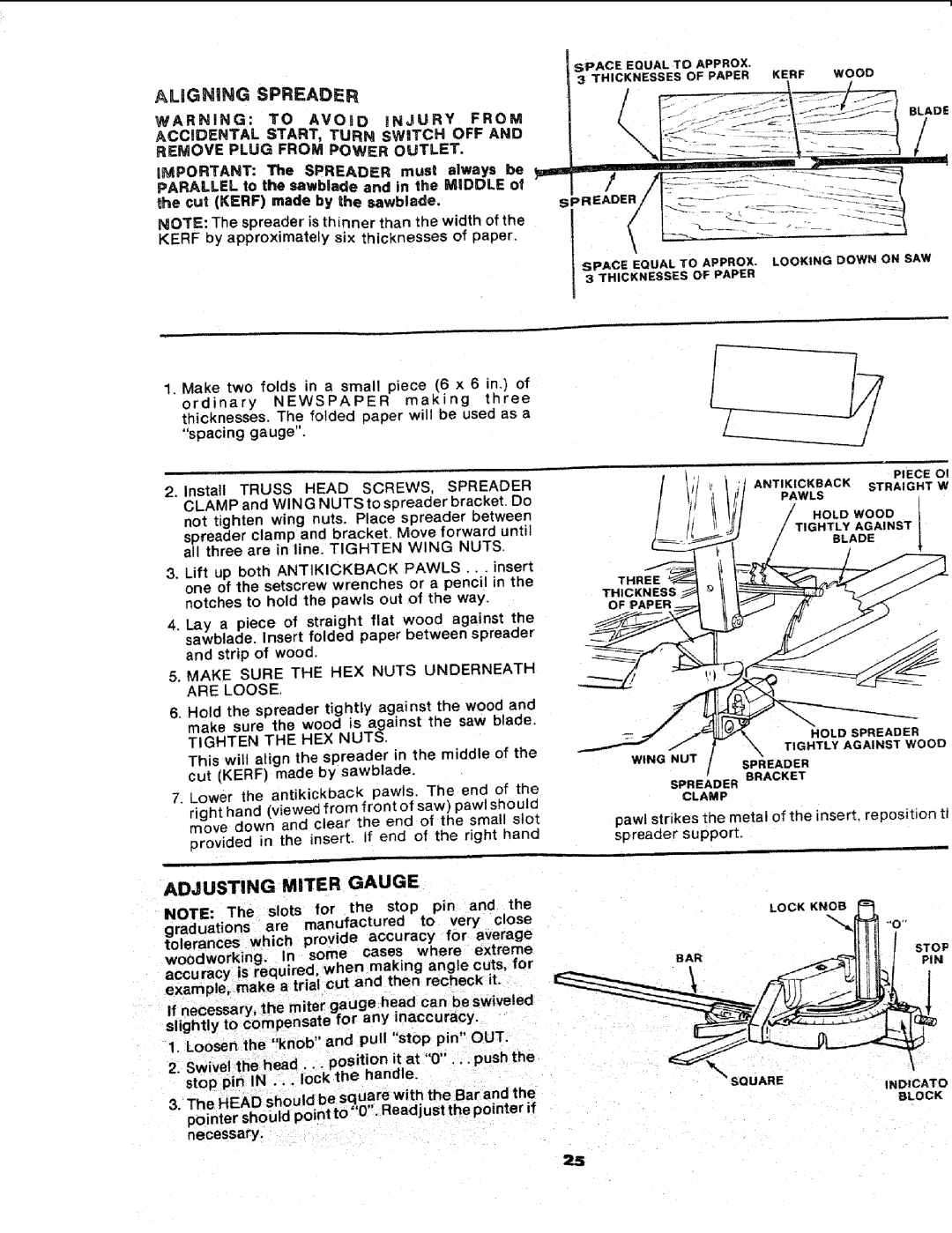 Sears 113.241591 owner manual Adjusting Miter Gauge, Avord, Injury, I / t Tightlyagainsti 