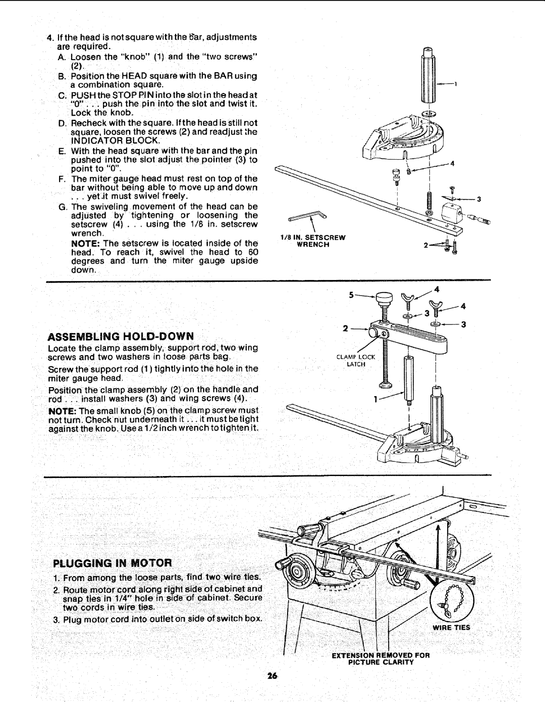 Sears 113.241591 owner manual Assembling HOLD-DOWN, Plugging in Motor 