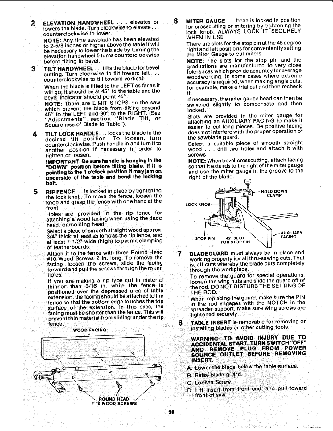 Sears 113.241591 owner manual Tilt, or, Rod, To Avoid Injury DUE to H OFF Power Ving, Surface Pull toward 