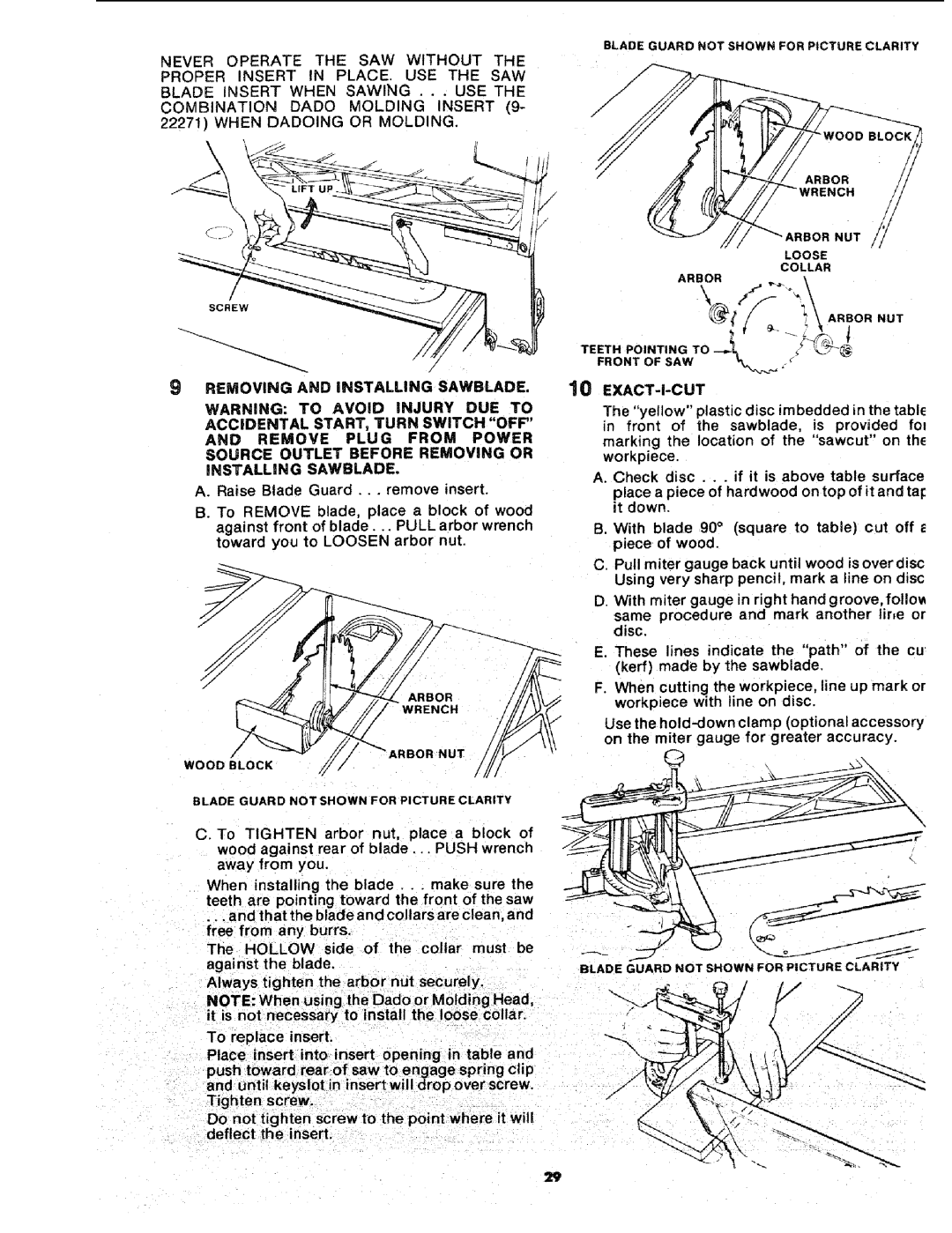 Sears 113.241591 owner manual Removing and Installing Sawblade, Exact-I-Cut 