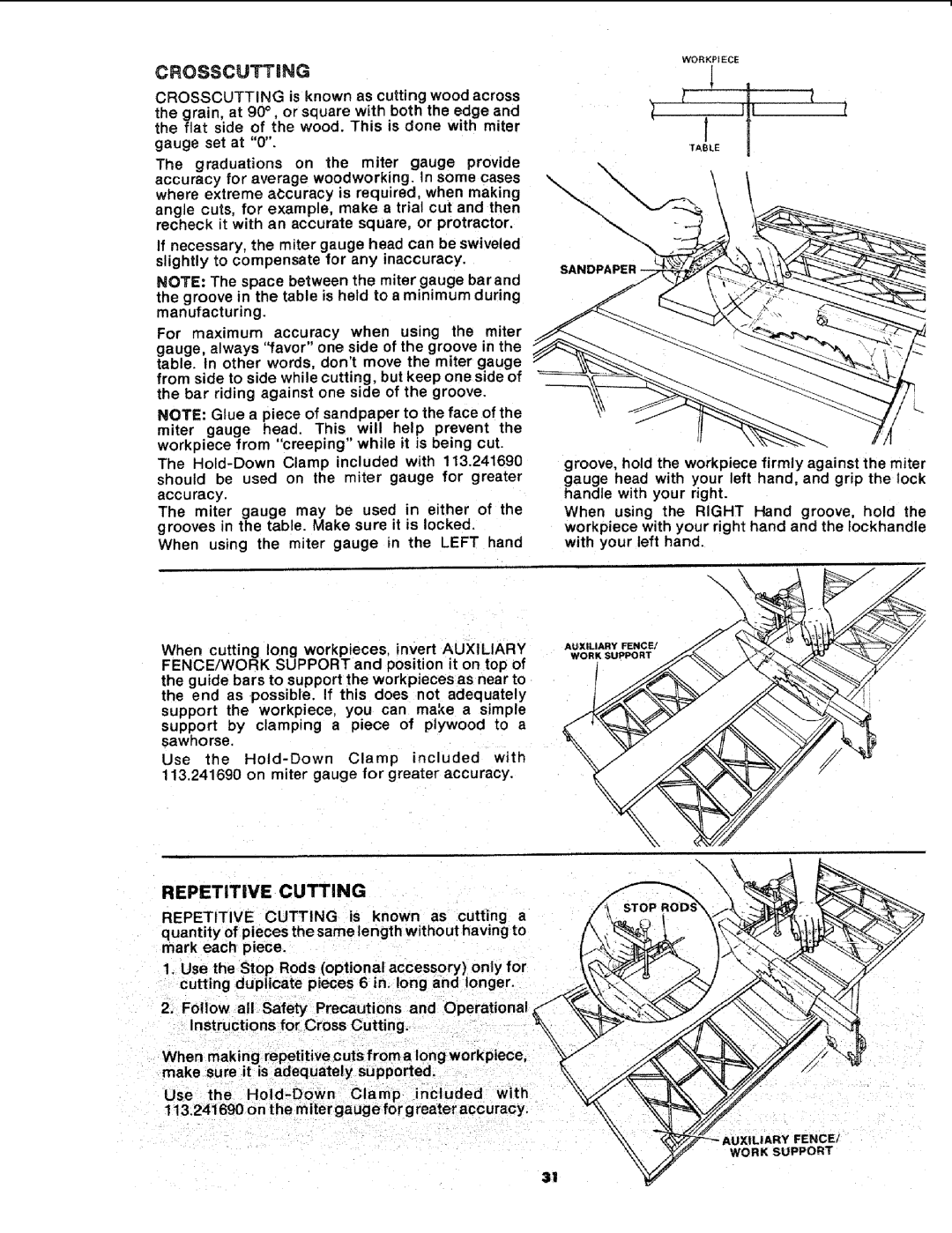 Sears 113.241591 owner manual Crosscutting, REPETiTiVE Cutting 