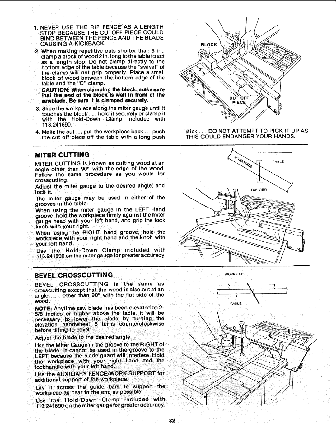 Sears 113.241591 owner manual Miter Cutting, Bevel Crosscutting 